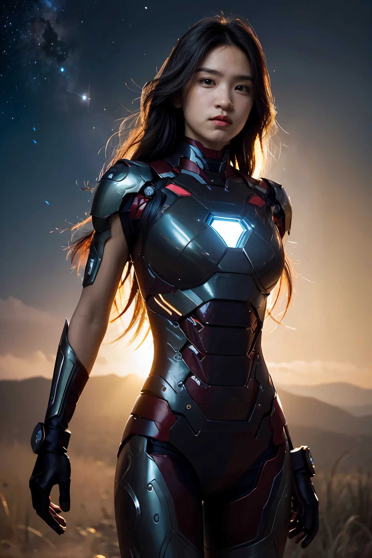 Primitive, Masterpiece, super thin photo, Best quality, Ultra High Resolution , photorealistic , In the cosmic nebula,Full body standing photo, Incredibly beautiful, Cowboy fighting pose, Delicate face,Vibrant eyes, (frontage), huge boob,The Iron Man mech she wears, Black color scheme, The whole body glows like a diamond,Cosmic stellar background, Highly detailed, Detailed face, Gorgeous, Highly detailed skin, Realistic skin details, Visible visible, Sharp focus, volume fog, 8K UHD, SLR camera, High quality, filmgrain, light-skinned, Photorealism , DL, In the distance is Saturn,