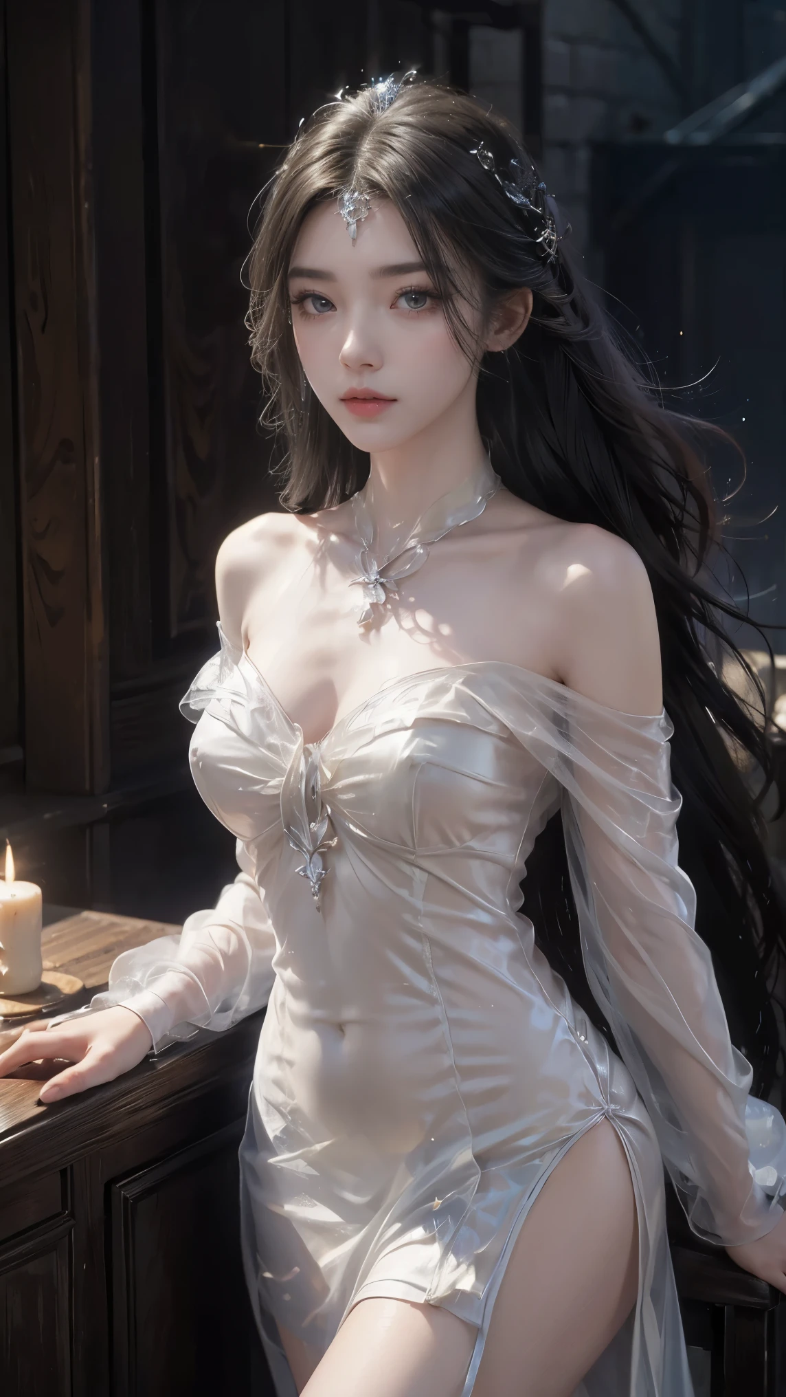 sh33rfl0r4l, long sleeves, black dress, off shoulder, bare shoulders, long dress, see-through, tulle dress, laser,leishe,(masterpiece, best quality:1.2), 1 girl, alone, ((off-the-shoulder clothes)), ((night)), lantern, candlelight, In the depths of Wonderland，The moonlight falls like water，foggy room，The figure of the heroine is vaguely visible，Just like the fairy in the painting，Slender sexy legs，very nice legs，Show sexy legs，big breasts，Beautiful with a hint of mystery。Her face is beautiful and delicate，Like finely carved jade，Showing otherworldly beauty。The eyebrows are picturesque，The waves in my eyes are like twinkling stars，Show the light of perseverance and wisdom。The bridge of the nose is straight，Lip color like cherry，The slightly raised corners of the mouth reveal confidence and calmness。Her face is well defined，The skin is as fair as jade，Reveals a healthy glow，Just like fairies, She never eats fireworks in this world。Her makeup is light and delicate，Not too much embellishment，But enough to show her temperament and charm。Light-colored foundation brings out the transparency of the skin，A light eyebrow pencil outlines her perfect eyebrow shape，Eye makeup is eye shadow and eyeliner，Make her eyes brighter and more energetic。Lips painted with grace lipstick，Adds a bit of charm and sophistication。Her clothes are graceful and chic，Clothes fluttering，It seems like it will be blown up by the wind at any time，drifting into the distance。Without losing grace，Also showed off her extraordinary skills。Rocking with her movements。Her hair is tied back casually，Secure it with a hosta，A few strands of hair flutter gently in the wind，Adds a bit of softness。Her figure is looming in the fairyland，Like a big breastsbeautiful landscape，Attracted everyone&#39;s concern。She seems to be a fairy in wonderland，big breastsbeautiful、grace、mystery、and full of power。