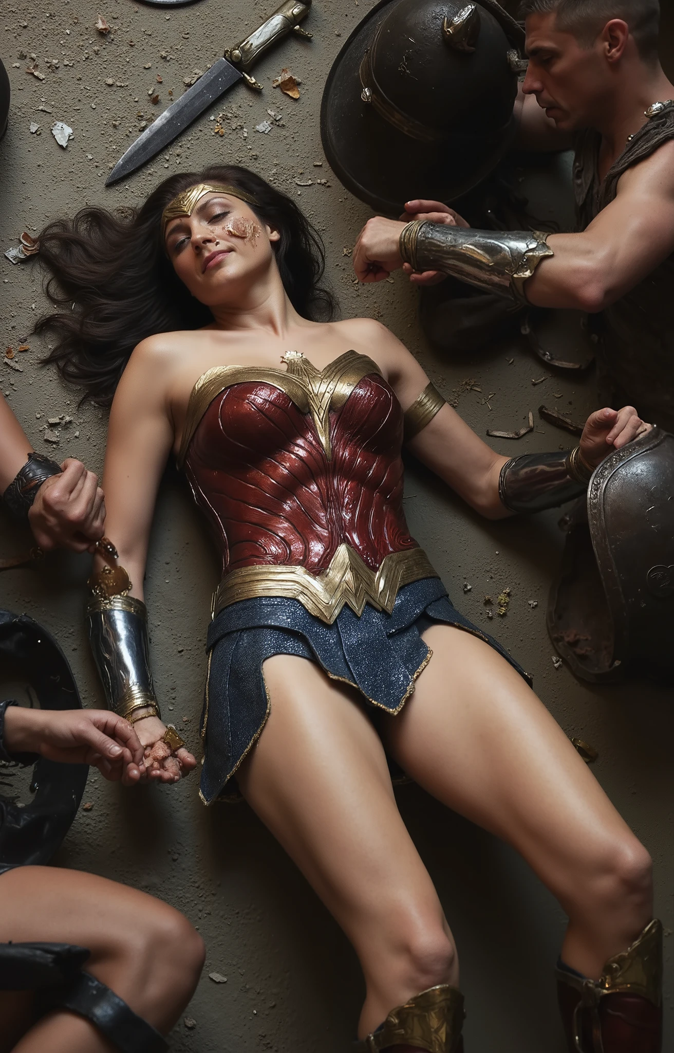 Gal Gadot is Wonder woman, lying unconscious, semen on her thighs, semen on face, a lot of ancient Greek soldier around, they all naked,