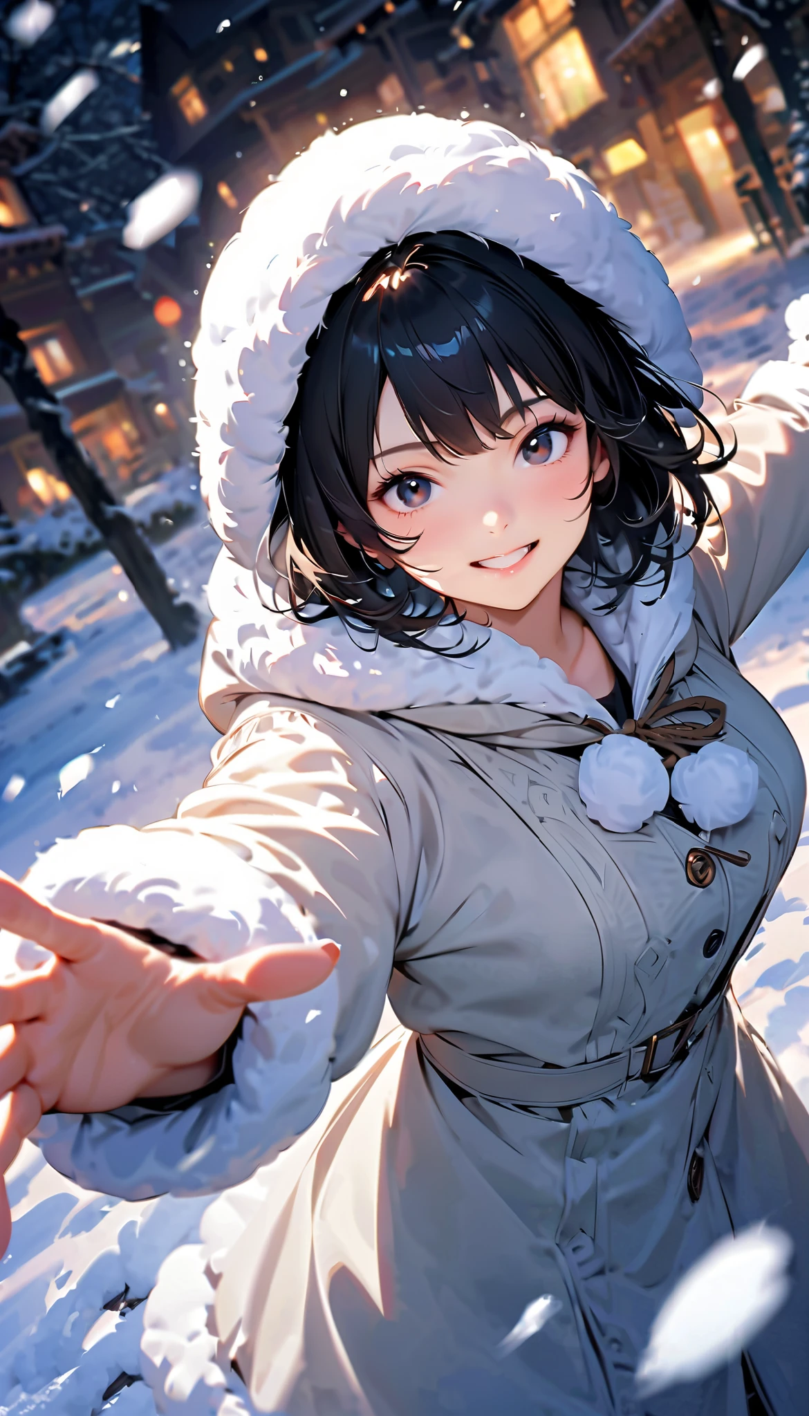 ( best quality :1.2,  very detailed, Latest,  lively,  Masterpiece :1.2,  best quality , Aesthetics at its best) , Face Up Shot, ((( very detailed目と顔))),  Official Art,  8k Ultra HD,  very detailed, Delicate and dynamic,  blurred background , Hiku Snow Scenery , there's snow on the ground,  it's snowing, Falling Snow, winter,  The World of Silver, Diffuse reflection of light,  is dazzling,  one woman, 2.5D, smile,  black eyes,  black hair, 若い Fluffy winter clothes, Get excited,  dynamic pose,  dynamic angle, Realistic, her breath is white