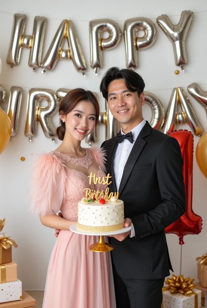 Asian man and woman holding birthday cake facing camera. Realistic bright tone. Full HD.