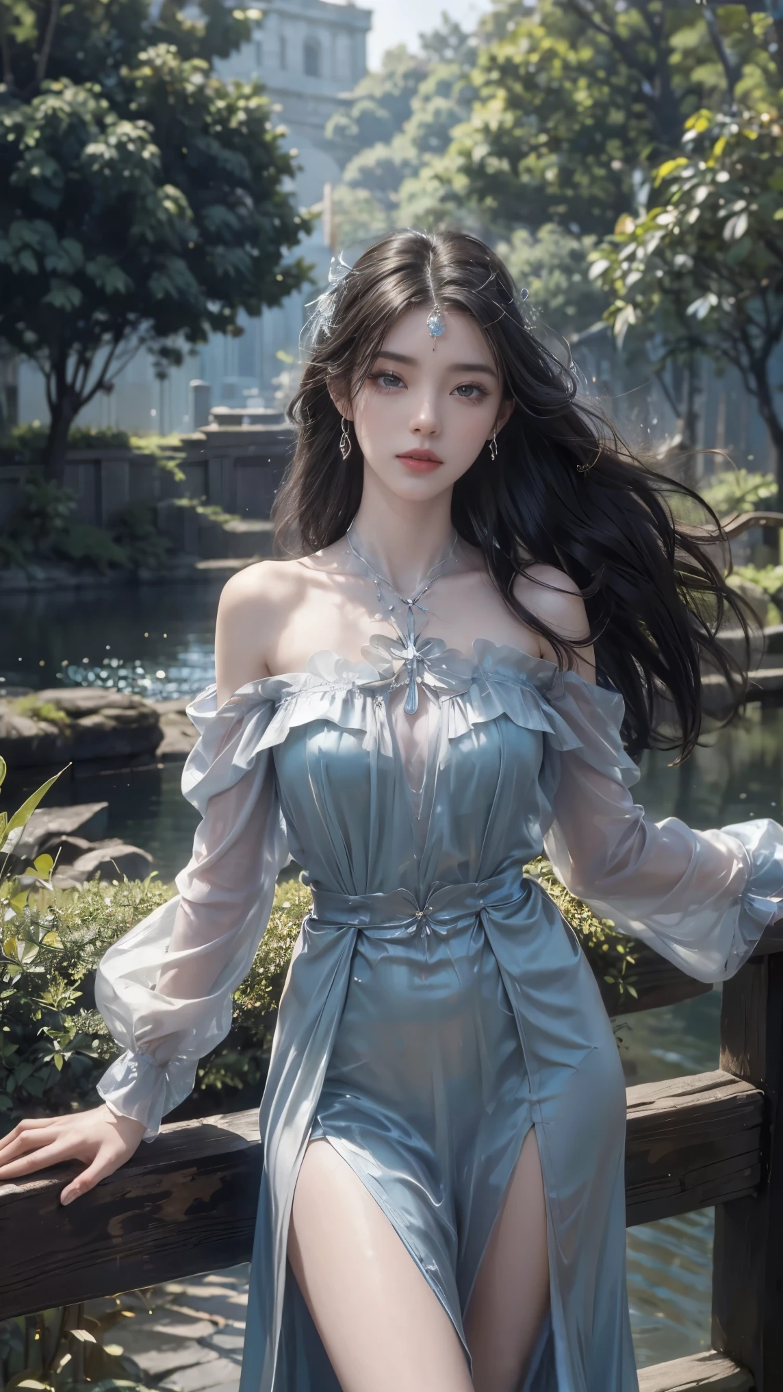 (Best quality, High resolution, Masterpiece :1.3), A tall and pretty woman, Slender abs, Dark brown hair styled in loose w sh33rfl0r4l, long sleeves, black dress, off shoulder, bare shoulders, long dress, see-through, tulle dress, laser,leishe,(masterpiece, best quality:1.2), 1 girl, alone, ((off-the-shoulder clothes)), ((night)), lantern, candlelight, In the depths of Wonderland，The moonlight falls like water，foggy room，The figure of the heroine is vaguely visible，Just like the fairy in the painting，Slender sexy legs，very nice legs，Show sexy legs，big breasts，Beautiful with a hint of mystery。Her face is beautiful and delicate，Like finely carved jade，Showing otherworldly beauty。The eyebrows are picturesque，The waves in my eyes are like twinkling stars，Show the light of perseverance and wisdom。The bridge of the nose is straight，Lip color like cherry，The slightly raised corners of the mouth reveal confidence and calmness。Her face is well defined，The skin is as fair as jade，Reveals a healthy glow，Just like fairies, She never eats fireworks in this world。Her makeup is light and delicate，Not too much embellishment，But enough to show her temperament and charm。Light-colored foundation brings out the transparency of the skin，A light eyebrow pencil outlines her perfect eyebrow shape，Eye makeup is eye shadow and eyeliner，Make her eyes brighter and more energetic。Lips painted with grace lipstick，Adds a bit of charm and sophistication。Her clothes are graceful and chic，Clothes fluttering，It seems like it will be blown up by the wind at any time，drifting into the distance。Without losing grace，Also showed off her extraordinary skills。Rocking with her movements。Her hair is tied back casually，Secure it with a hosta，A few strands of hair flutter gently in the wind，Adds a bit of softness。Her figure is looming in the fairyland，Like a big breastsbeautiful landscape，Attracted everyone&#39;s concern。She seems to be a fairy in wonderland，big breastsbeautiful、grace、mystery、and full of power。