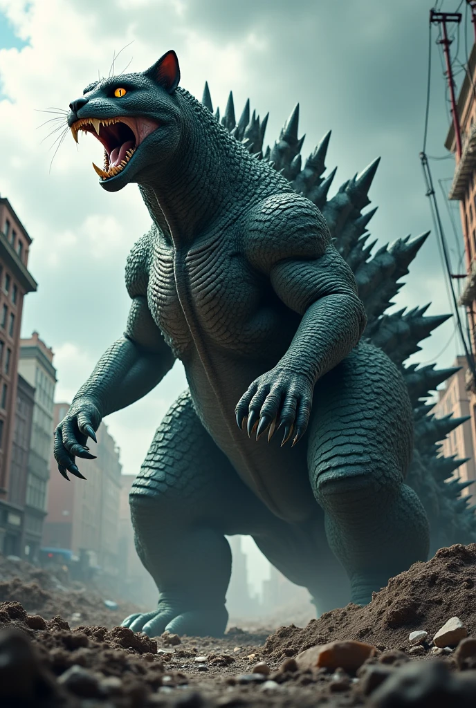 Cat with Godzilla skin and the cat was angry