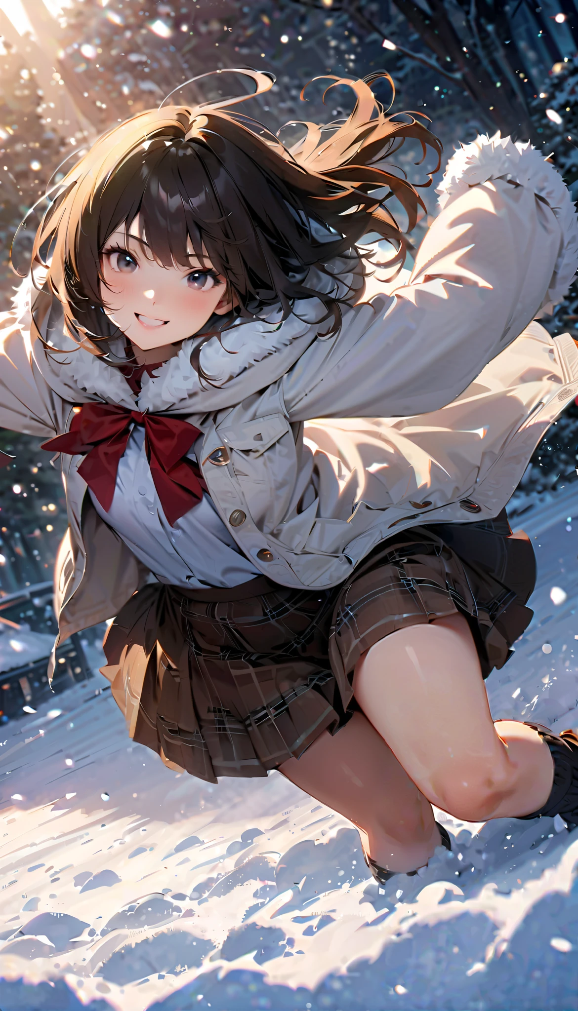 ( best quality :1.2, very detailed, Latest, lively, Masterpiece :1.2, best quality , Aesthetics at its best) , Face Up Shot, ((( very detailed目と顔))), Official Art, 8k Ultra HD, very detailed, Delicate and dynamic, blurred background , Hiku Snow Scenery , there's snow on the ground, it's snowing, Falling Snow, winter, The World of Silver, Diffuse reflection of light, is dazzling, one woman, 2.5D, smile, black eyes, black hair, short, Very young Fluffy winter clothes, Get excited, dynamic pose, dynamic angle, Realistic, her breath is white