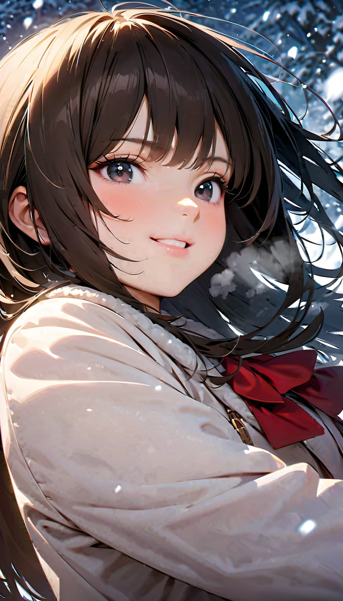 ( best quality :1.2,  very detailed, Latest,  lively,  Masterpiece :1.2,  best quality , Aesthetics at its best) , Face Up Shot, ((( very detailed目と顔))),  Official Art,  8k Ultra HD,  very detailed, Delicate and dynamic,  blurred background , Hiku Snow Scenery , there's snow on the ground,  it's snowing, Falling Snow, winter,  The World of Silver, Diffuse reflection of light,  is dazzling,  one woman, 2.5D, smile,  black eyes,  black hair,  short, Very young Fluffy winter clothes, Get excited,  dynamic pose,  dynamic angle, Realistic, her breath is white