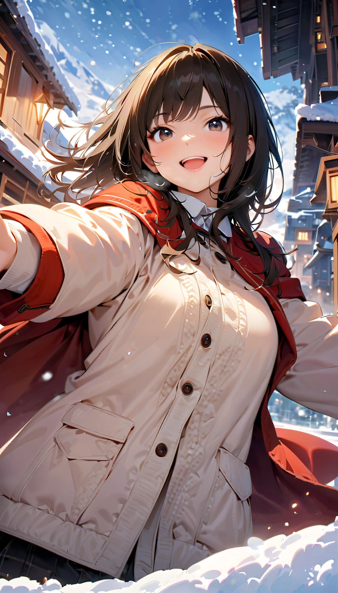 ( best quality :1.2, very detailed, Latest, lively, Masterpiece :1.2, best quality , Aesthetics at its best) , Face Up Shot, ((( very detailed目と顔))), Official Art, 8k Ultra HD, very detailed, Delicate and dynamic, blurred background , Hiku Snow Scenery , there's snow on the ground, it's snowing, Falling Snow, winter, The World of Silver, Diffuse reflection of light, is dazzling, one woman, 2.5D, smile, black eyes, black hair, short, Very young Fluffy winter clothes, Get excited, dynamic pose, dynamic angle, Realistic, her breath is white