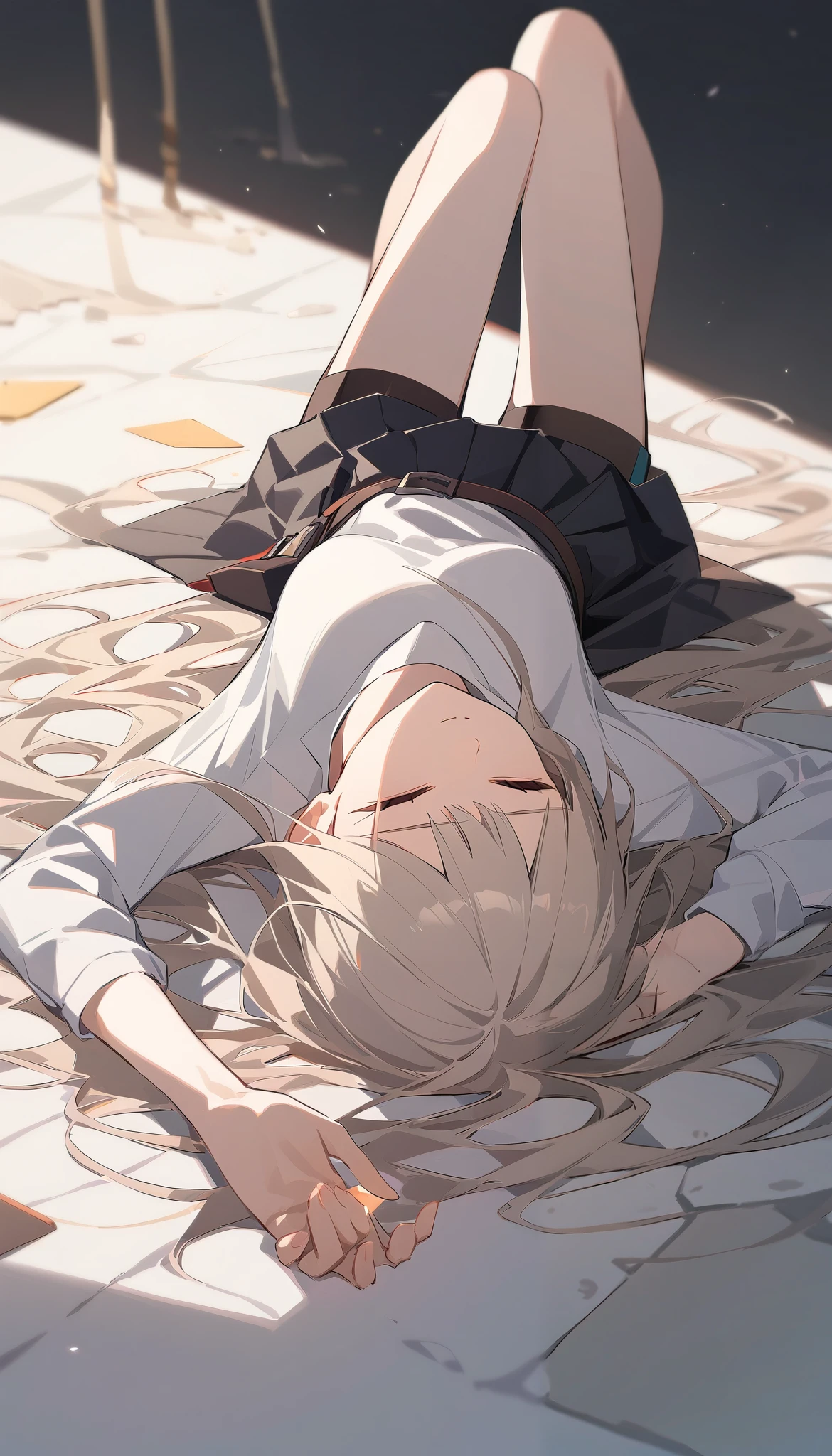  young woman , Lie,  unconscious ,  closed eyes,  dispassionate face , skirt,  shorts
