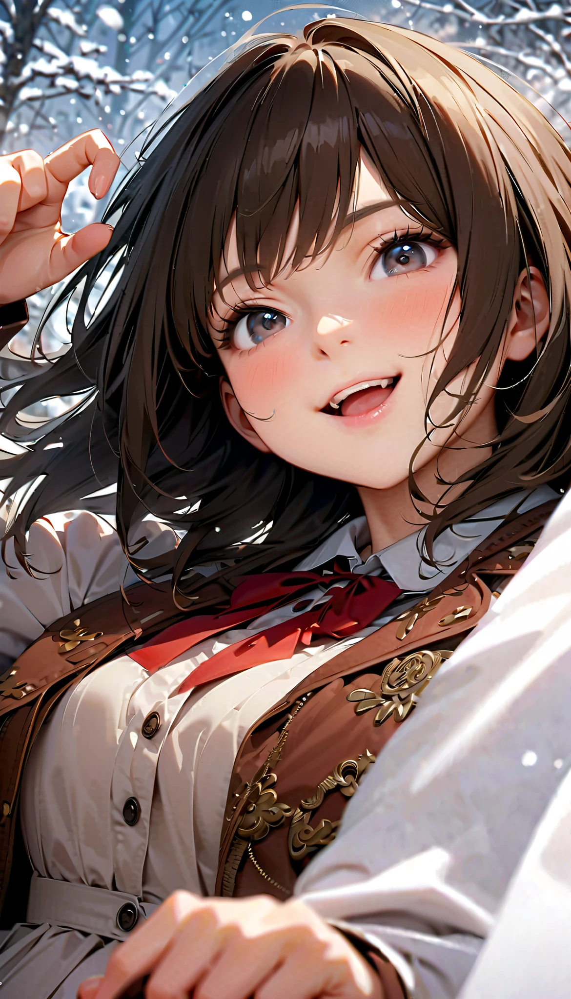 (masterpiece), (highest quality), (highly detailed), (8K resolution), (highest quality),,Huge_chest,hair_good,Brown_hair,Brown_eye,detailed_lips,shy,Ecstasy_face,blush,,(View Viewer:1.3),(Maid)Hugechest、Realistic、Perfect body line、、cute、Beautiful girl taller than a building、aerial photograph、aerial photograph、Sit in the building、笑faceで楽しく街を破壊する、 (A giant girl bigger than a skyscraper destroys the city of Shibuya:1.5)、cute Maid 寝そべる　