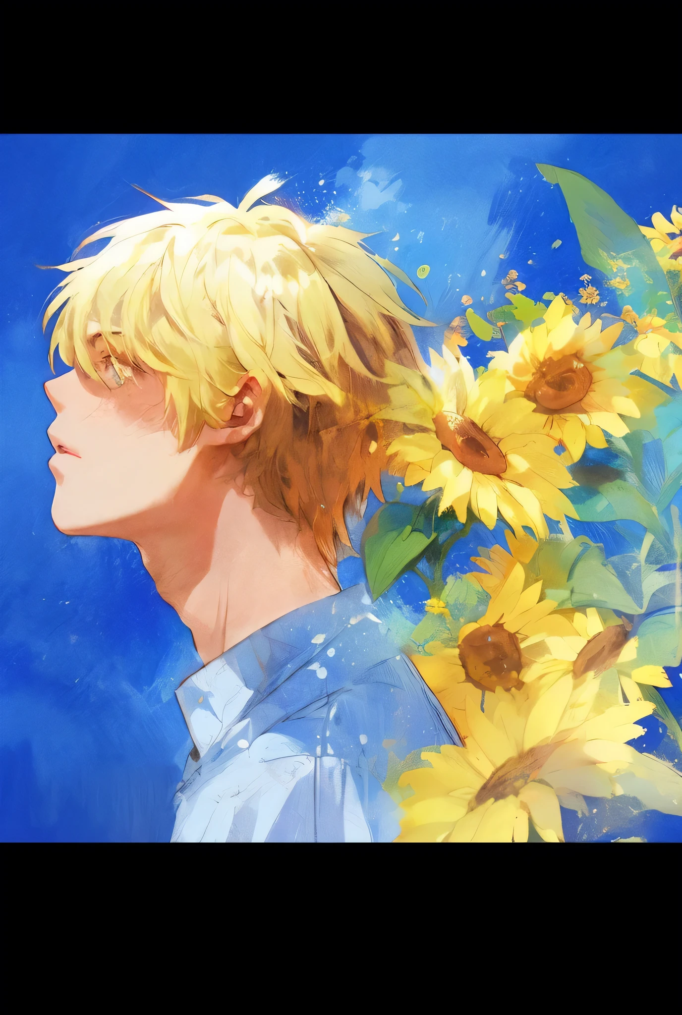1male,profile,(((blonde hair,blue eyes))),
blue sky,sunflower,