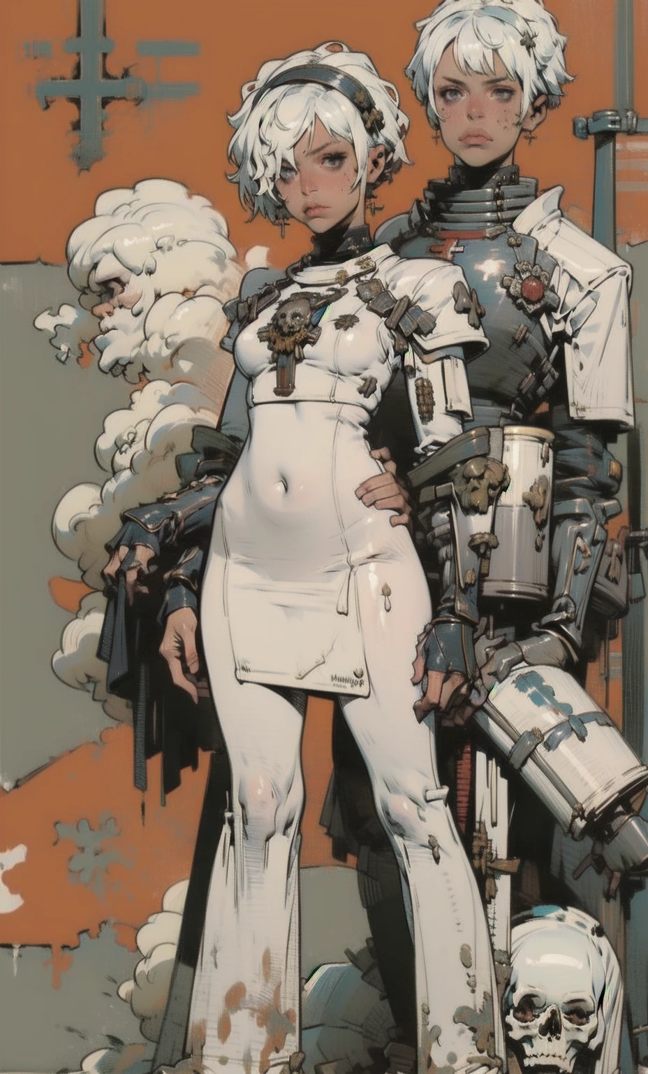 (((Yellow Suit))), (((devilish smile))), (((melhor qualidade: 1.4))), (((full metal))), (((DuneWalker))), (((post-apocalypse))), (Unbeatable masterpiece), (hiper HD),(CG 8k hiper-realista), 1Garota armada em um mundo futurista usando roupas coloridas e modernas. Corte de cabelo ultra moderno, perfect body with robotic parts, seios grandes, bunda perfeita, muscles without exaggeration, rosto lindo com olhos azuis penetrantes, add textures to clothes and create something different from the usual, add accessories like garter belt, espartilho e luvas com listras, pele bronzeada e com brilho de molhado, industrial environment with giant heavy machines, Intricate machinery and giant robot parts