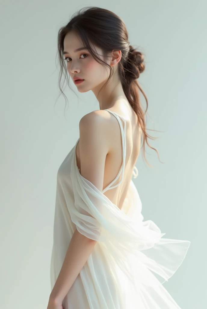 Highest quality,The perfect masterpiece,Perfect artwork,Official Works,8K,, (Upper Body Portrait:1.3),((Seen from the side:1.5)),close-up lens,Delicate face,, 17 years old,White-haired girl,(hakuhatsu:1.5),short and medium hair,((White transparent eyes:1.5)),(white dress:1.2),(Transparent clothing:1.2),(Black background:1.3),, pearl illusion,Cyberpunk,fashion trend,3s material,high-definition,detail representation,c4d,3D,octane rendering,ray tracing,complex details,animated lighting,OCrenderer,