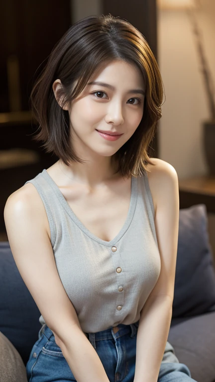 One girl,summer,Inside the room,sofa,Sit down,Black Hair,Fluffy short hair,Navy Blue,Tank top,Small swelling in the chest,A big smile,6th grade elementary school,Innocent,front,Look here,transparent, Soft Light,(masterpiece, Highest quality), Structure of the film, Like a movie