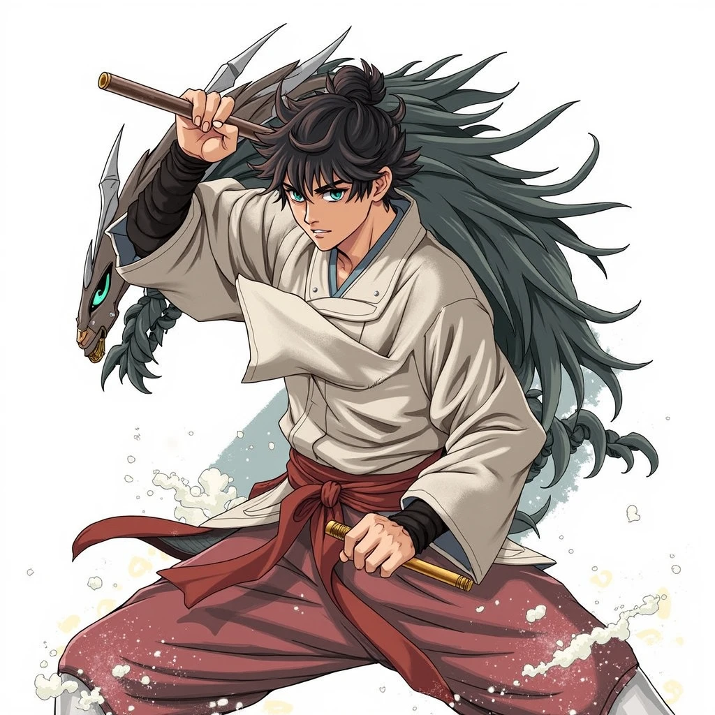 best quality (katana: 1.4), serious,(at night: 1.4), a single 16-year-old has long black hair that is loose to the winds, and poured down his body, smooth and shiny, which fall gently to his back. Her hair is thick and has a healthy appearance, contrasting with her fair skin. The young man's eyes are deep and emerald green, intense as two light pearls. They reflect calm and an inquisitive curiosity. With his upright posture, the young man shows a confident bearing and a cheerful and hyperactive aura. He wears a white kimono with blue-green details with patterned gray clouds, with a large yellow ribbon at his waist, sleeveless, made of a quality fabric. giving him the look of a swordsman. He has an animal, a monkey on his shoulder. At his waist, he carries a white katana with gray details on the blade. The long, sharp blade is made of polished steel, reflecting light. The katana grip is wrapped in black leather, offering a firm and secure grip. The scabbard of the sword adorned with demonic symbols. Kimetsu no Yaiba style, alone, 1boy, muscular man, demon slayer style, loose hair, quiet look, smiling, tall, confident, only 1, spilled hair, loose and big hair, small monkey on his shoulder, demon slayer artstyle