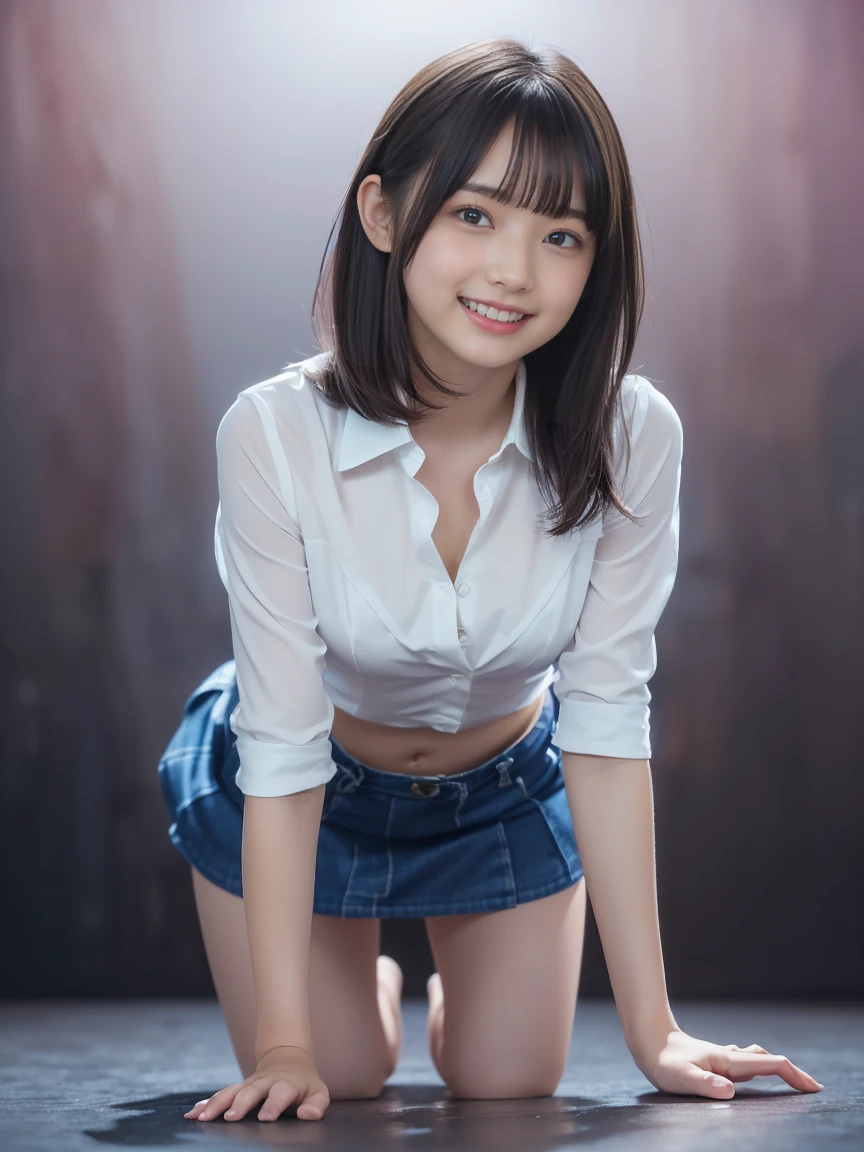 woman posing for photo, japanese model model, 20-year-old female model, 4K、bangss、A dark-haired、bobhair、Middle hair、Straight hair、(Navy Plaid Pleated Skirt:1.2), (Super cute face in idol style:1.2)、slim and beautiful figure、beutiful breast、full body Esbian、美しい脚、white sock、White sneakers、(スポーツブラ:1.2)、NSFWではない、、身体は視聴者の方を向く、