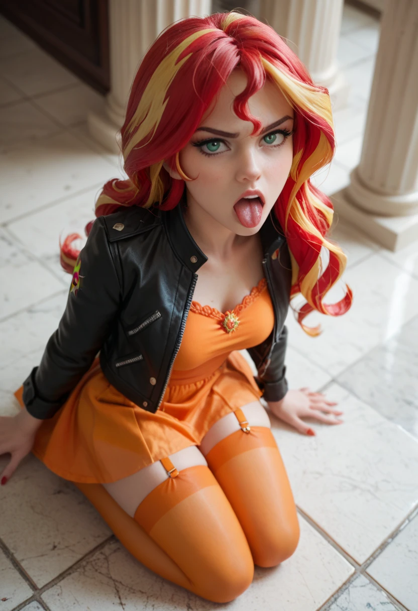 Sunset shimmer from the movie "Mlp equestria girls",black fur, by the wide, seductive look, jacket , orange skirt, looking at the viewer, bare breasts, brown skin, In a bed, hands behind your back, lying in bed, open legs, POV penetration su vagina with me hard, Pov grabbed her legs, Moaning, Can the penetration with me with difficulty. big breasts, black bra, hands can't be seen. exposed vagina, black thigh high stockings, garter belt in each stocking.