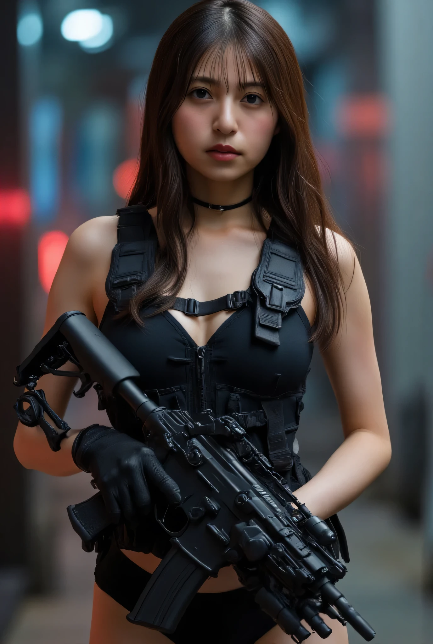 1girl, (photorealistic)++, beautiful lighting, masterpiece++, best quality++, realistic, full body portrait, real photo, intricate detail, depth of field, 1 girl, A soldier girl black hair sniper rifle handle, black military uniform, bulletproof vest, holding an assault rifle, m16, inside the city, very detailed, perfect face, black eyes, lips, wide hips, waist small, tall, makeup, Fujifilm XT3, epic professional photography by Ed Blinky, Atey Ghailan, Studio Ghibli, by Jeremy Mann, Greg Manchess, Antonio Moro, trending on ArtStation, trending on CGSociety, Intricate , High Detail , Sharp focus, impressive, realistic art by midjourney and greg rutkowski, RAW image, 8k uhd
