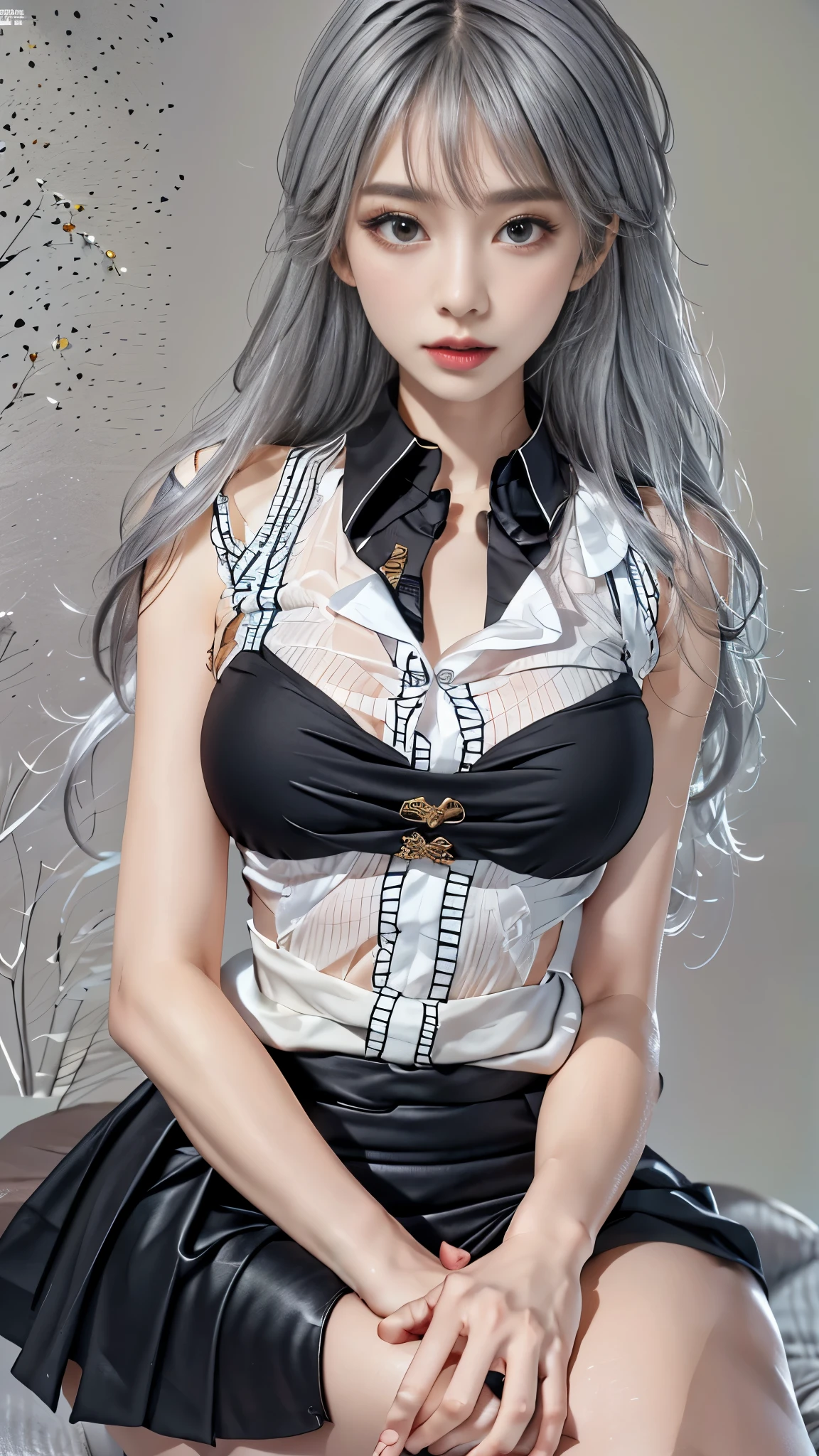 (absurd, high resolution, super detail), one girl, alone,, (long dark gray hair), holy, colorful, more detailed, portrait, close-up, underwater, floating hair, sad flow, tears, one short one behind the woman there are windows showing various buildings in the city (absurd, high resolution, super detail), Gefax employee, one with long hair, one short female, White sheer blouse, black tight mini skirt, open legs, black underwear bite, sexy pose, lower body slender, back figure, gaze by the window, buttocks sticking out, on all fours, buttocks facing forward, provocative, reluctance to hold down the skirt, lying on marble,