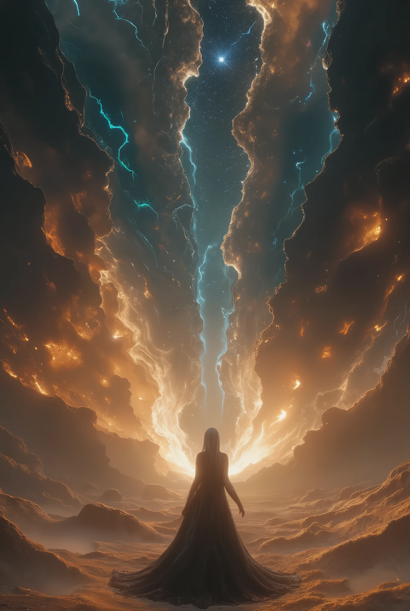 (((Cracked Sky, huge crack in the sky, Space Distortion , Darkness Comes Down From Crack))), (8k, top quality, Masterpiece , Final Fantasy Style: 1.2), ( realistic , photo realistic : 1.37), super detailed, ,Dreamy,A surreal mixed fantasy world,Combination of realistic and fantastical elements , magical effects , The Battle Between Good and Evil, ( Swirling Fire:1),universe, (((Cracked Sky, huge crack in the sky, Space Distortion , Darkness Comes Down From Crack))), thunder, eruption, Magic Rim , Complex Patterns , The witch who flew down from Crack
