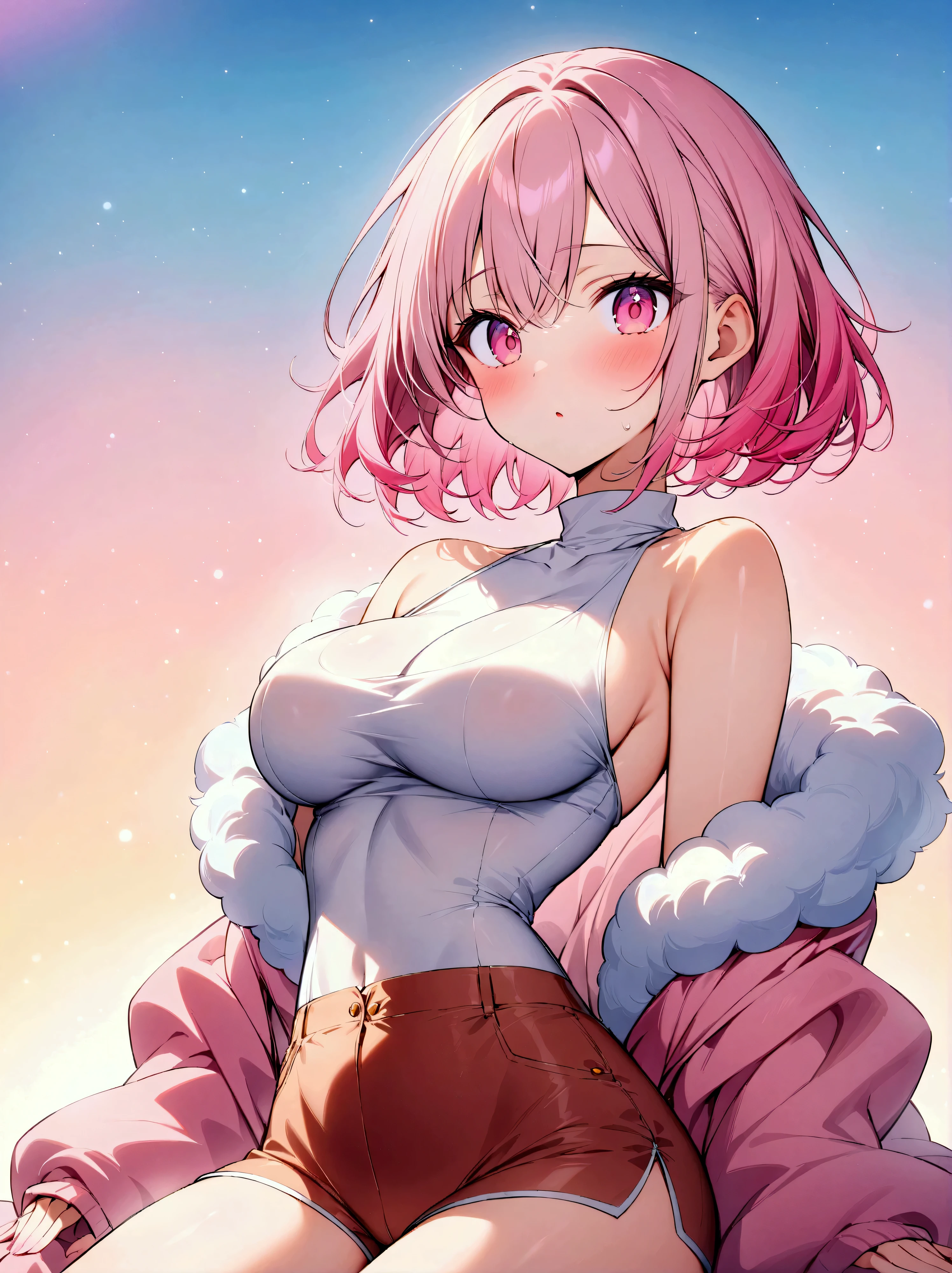 masterpiece、High resolution、High resolution、High resolution、1 female、Very close、((Depiction of only the upper body、Very large breasts))、((Pink Hair、short hair))、A kind smile、Laughing with your mouth open、Pink Lip Gloss、((Wear a brown coat over a white turtleneck sweater))、Night in the city、Snow is falling