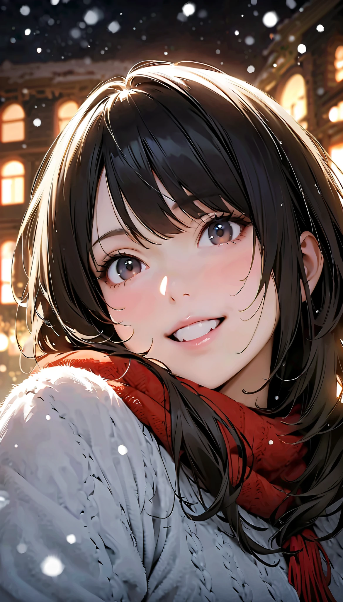 ( best quality :1.2,  very detailed, Latest,  lively,  Masterpiece :1.2,  best quality , Aesthetics at its best) , Face Up Shot, ((( very detailed目と顔))),  Official Art,  8k Ultra HD,  very detailed, Delicate and dynamic,  blurred background , Hiku Snow Scenery , there's snow on the ground,  it's snowing, Falling Snow, winter,  The World of Silver, Diffuse reflection of light,  is dazzling,  one woman, 2.5D, smile,  black eyes,  black hair, 若い Fluffy winter clothes, Get excited,  dynamic pose,  dynamic angle, Realistic, her breath is white