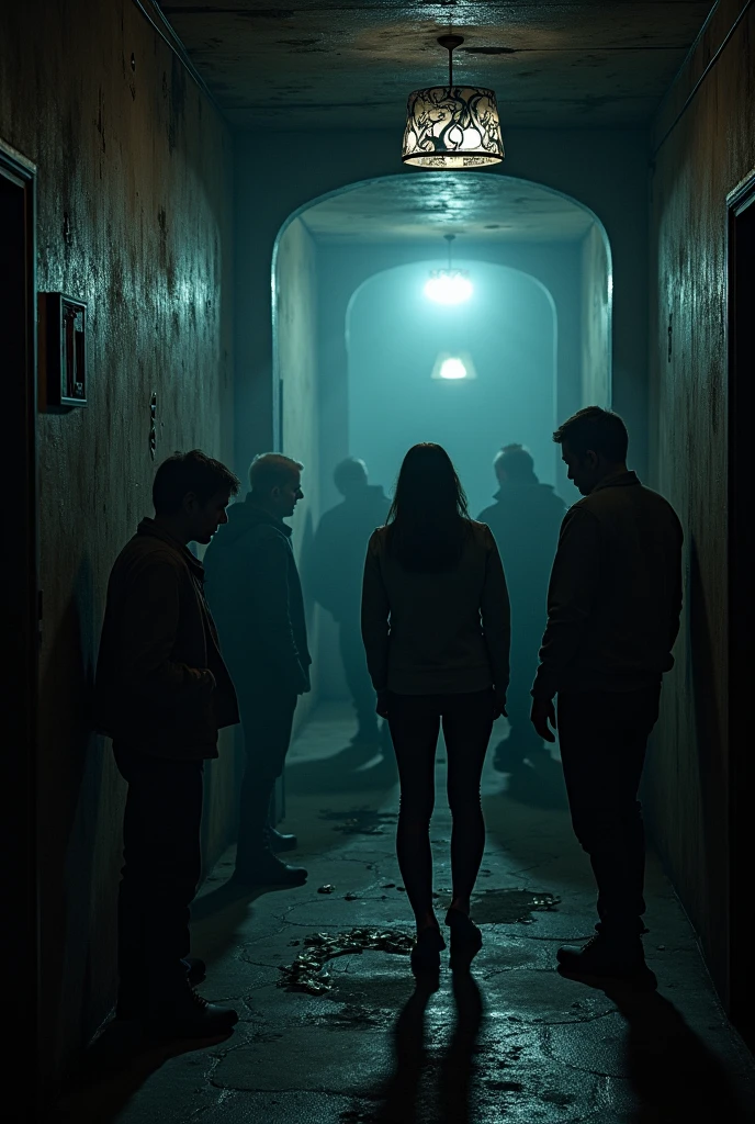Four friends, two men and two women, standing nervously at the entrance of a haunted mansion. The old wooden door creaks open by itself, revealing a dark, shadowy interior. One of the friends, a young woman with long hair, is stepping forward hesitantly, while the others look around with fear. The air around them is cold, with mist swirling at their feet.