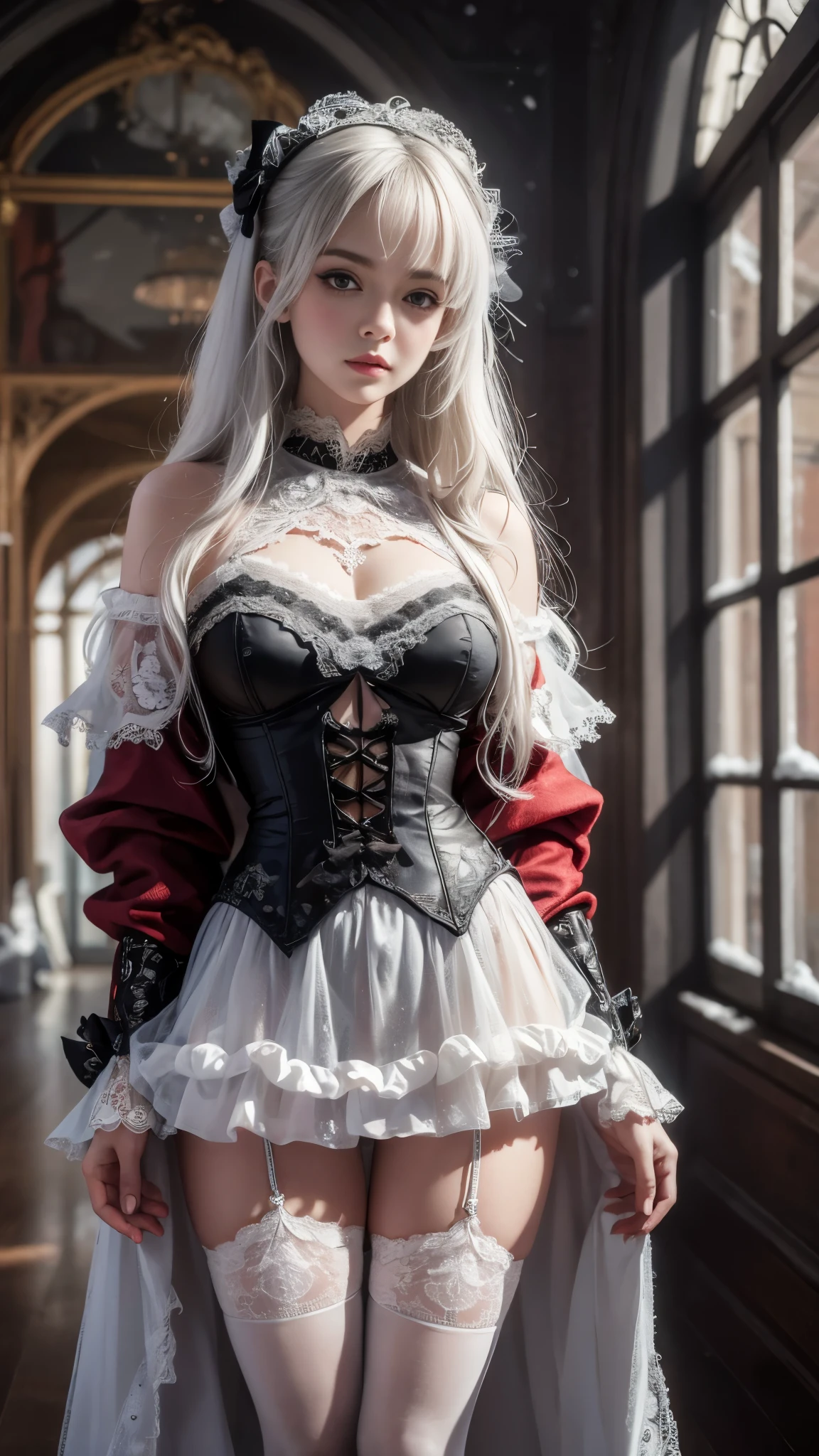 The white silk beauty pulls the corset hand and coquettishly