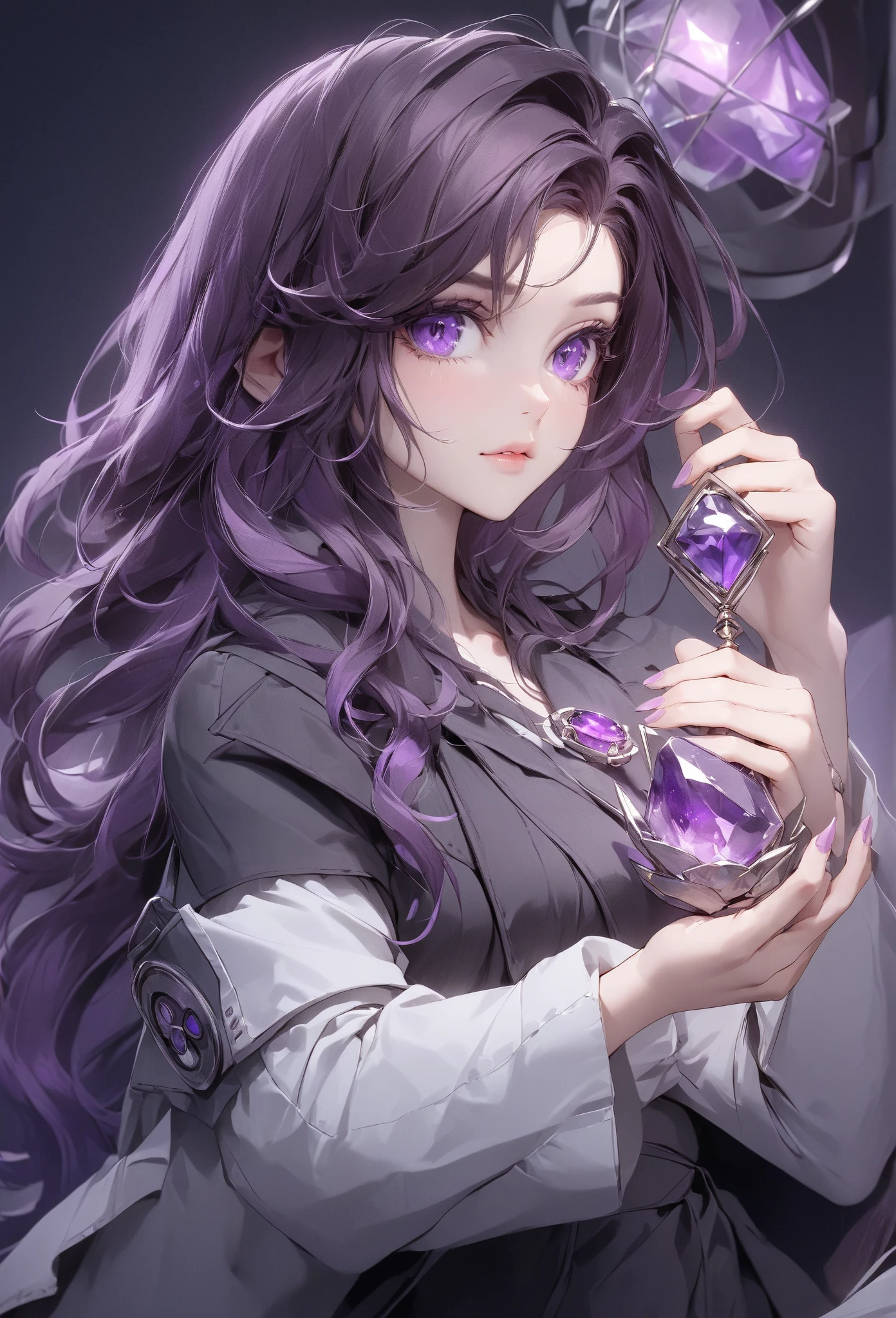 The dark-haired girl doctor holds an amethyst in her hand Research