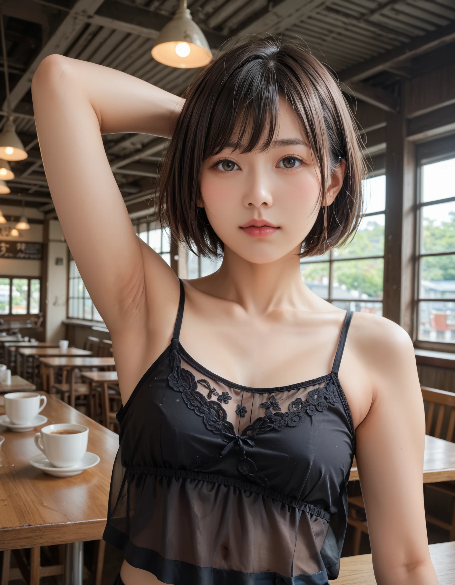20th generation、japanese woman、short cut black hair、Maid clothes、Inside the cafe、showing breasts
