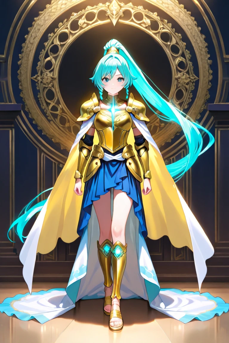 priest \(dq3\), orange bodysuit, long hair, 1girl, solo, breasts, large breasts, red eyes, gloves, hat, blue hair, aqua hair, bodysuit, staff, tabard, cross print, mitre, white background, holding, mace, dynamic pose, casting magic, open mouth, black background, magic particles, blue magic <lora:DQ3Priest:0.7>