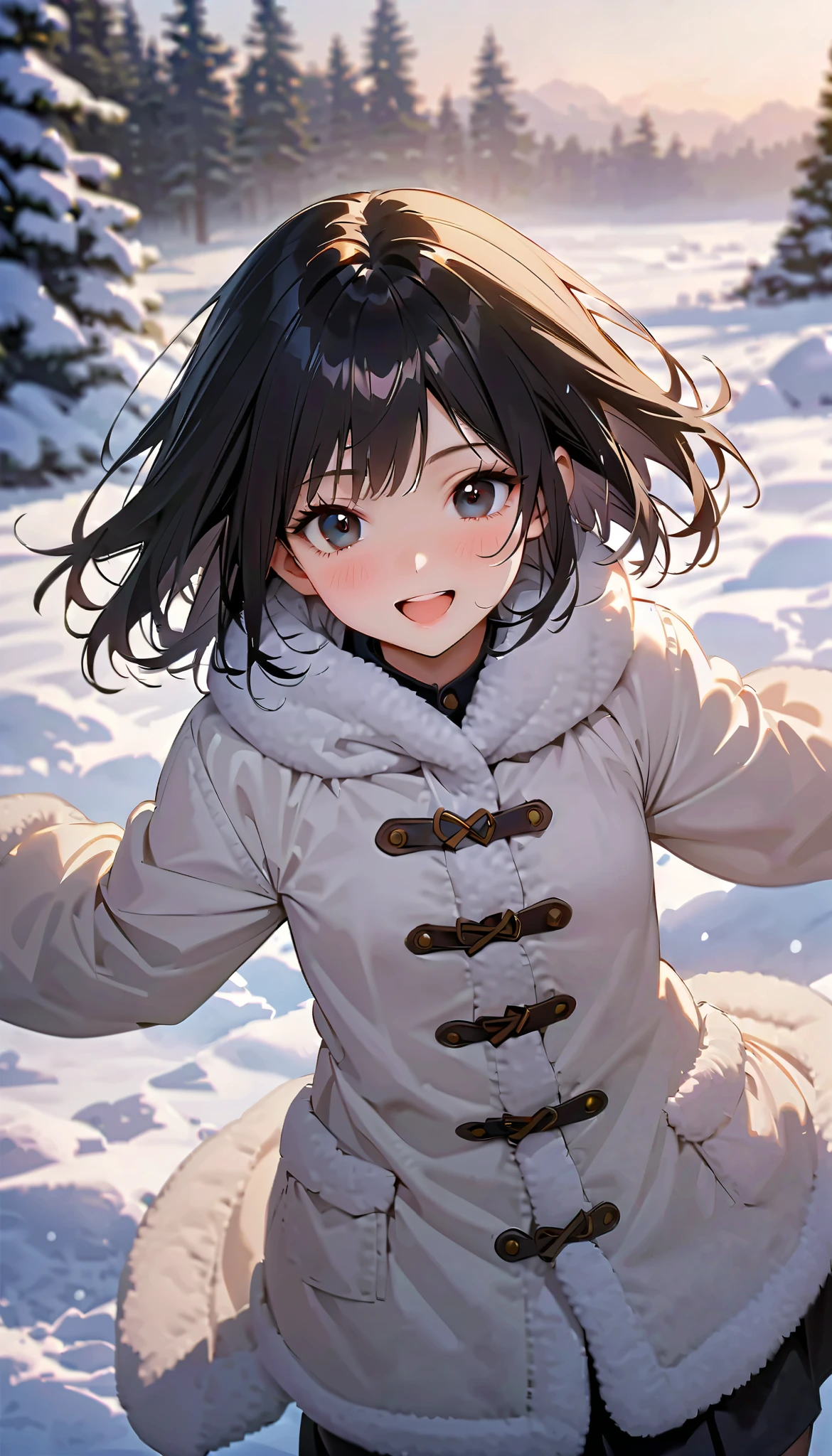 ( best quality :1.2, very detailed, Latest, lively, best quality , Aesthetics at its best) , Face Up Shot, ((( very detailed目と顔))), Official Art, 8k Ultra HD, very detailed, Delicate and dynamic, blurred background , Outdoors, daytime, Hiku Snow Scenery , there's snow on the ground, it's snowing, Falling Snow, winter, White World, is dazzling, one woman, 2.5D, smile, black eyes, black hair, short, pees on a very young , flat chest, Fluffy winter clothes, Get excited, dynamic pose, dynamic angle, Realistic, her breath is white