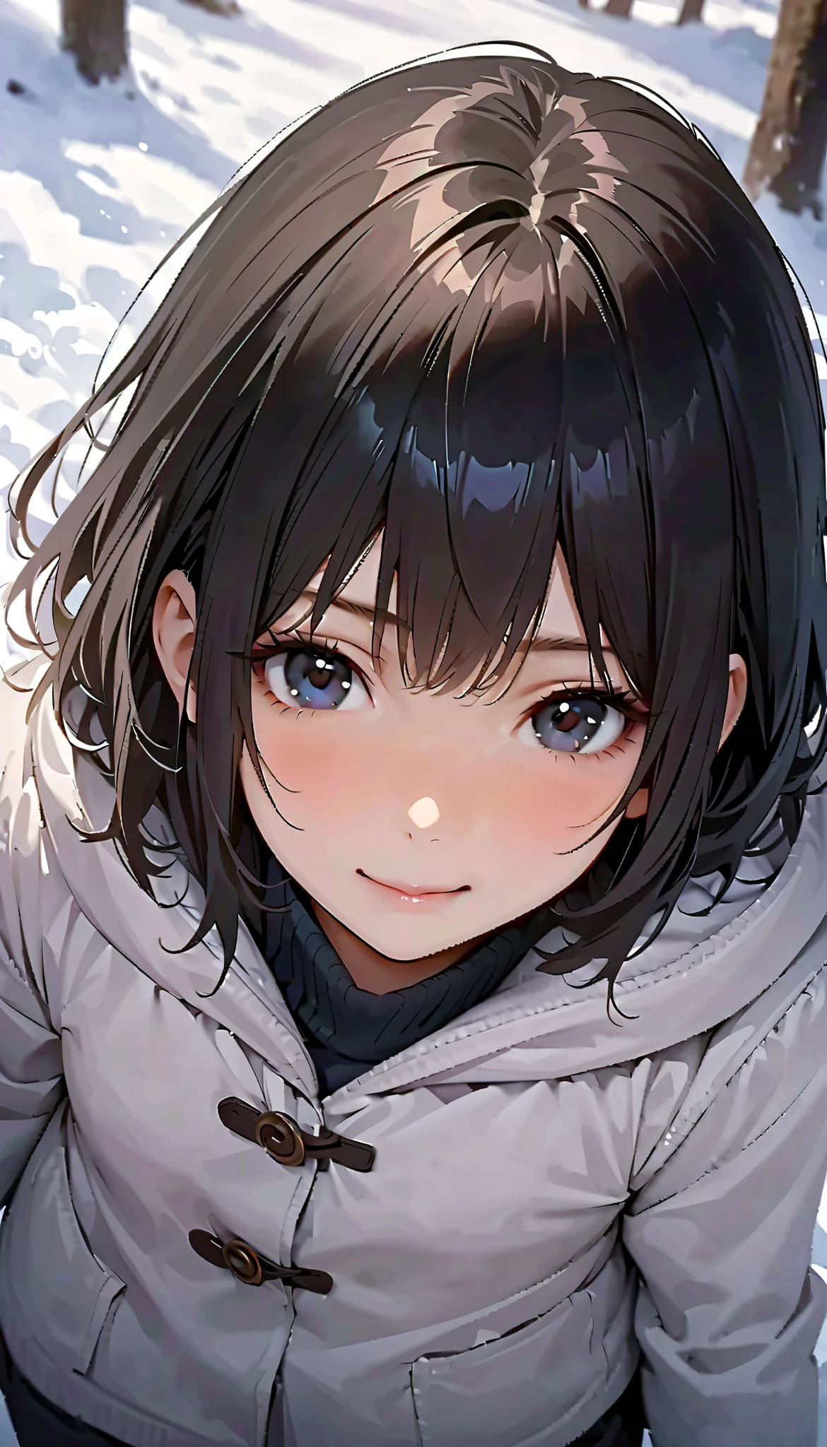 ( best quality :1.2, very detailed, Latest, lively, best quality , Aesthetics at its best) , Face Up Shot, ((( very detailed目と顔))), Official Art, 8k Ultra HD, very detailed, Delicate and dynamic, blurred background , Outdoors, daytime, Hiku Snow Scenery , there's snow on the ground, it's snowing, Falling Snow, winter, White World, is dazzling, one woman, 2.5D, smile, black eyes, black hair, short, pees on a very young , flat chest, Fluffy winter clothes, Get excited, dynamic pose, dynamic angle, Realistic, her breath is white