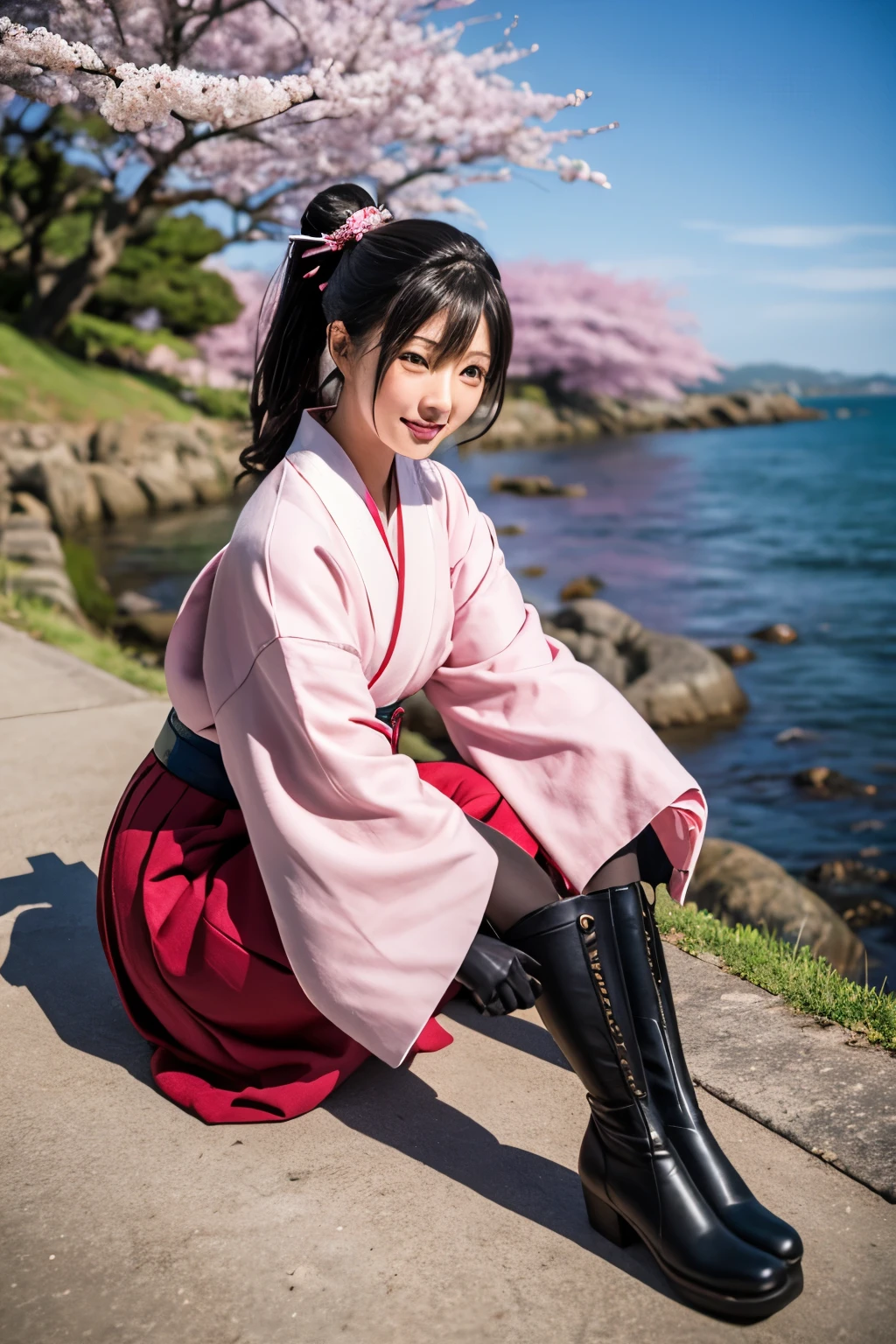 Meiji Period, Japanese woman,Swordsman, black long boots,pink hakama、Cherry blossom pattern hakama , ponytail,kendo, ,coastal
