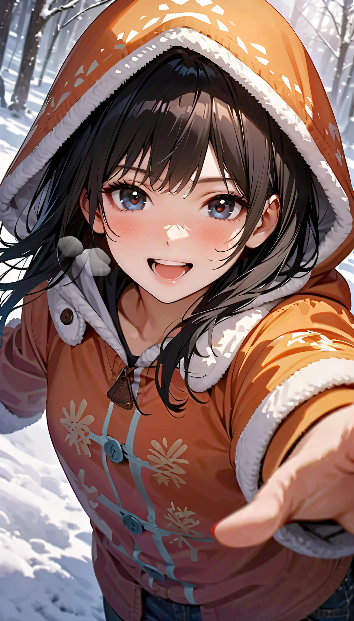 ( best quality :1.2, very detailed, Latest, lively, best quality , Aesthetics at its best) , Face Up Shot, ((( very detailed目と顔))), Official Art, 8k Ultra HD, very detailed, Delicate and dynamic, blurred background , Outdoors, daytime, Hiku Snow Scenery , there's snow on the ground, it's snowing, Falling Snow, winter, White World, is dazzling, one woman, 2.5D, smile, black eyes, black hair, short, pees on a very young , flat chest, Fluffy winter clothes, Get excited, dynamic pose, dynamic angle, Realistic, her breath is white