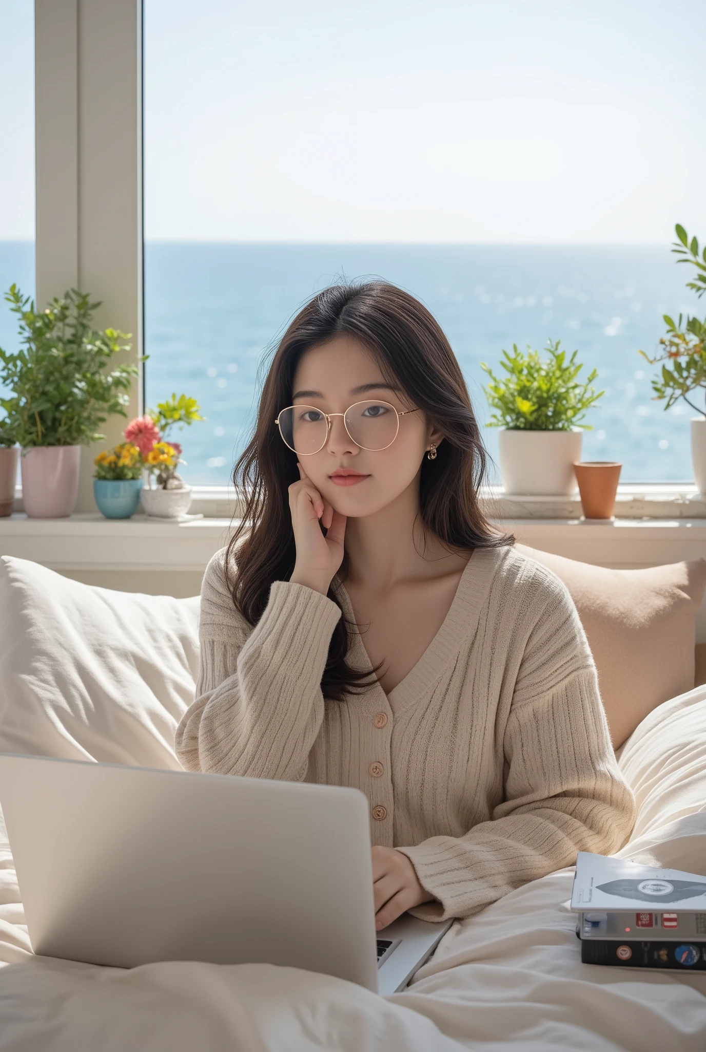 A beautiful Korean woman wears glasses, comfortable clothes that hardly shows her face, and works comfortably in bed with a laptop. The room has various flower pots and a wonderful sea outside the window . It's a digital nomad that works freely and earns money freely. .
