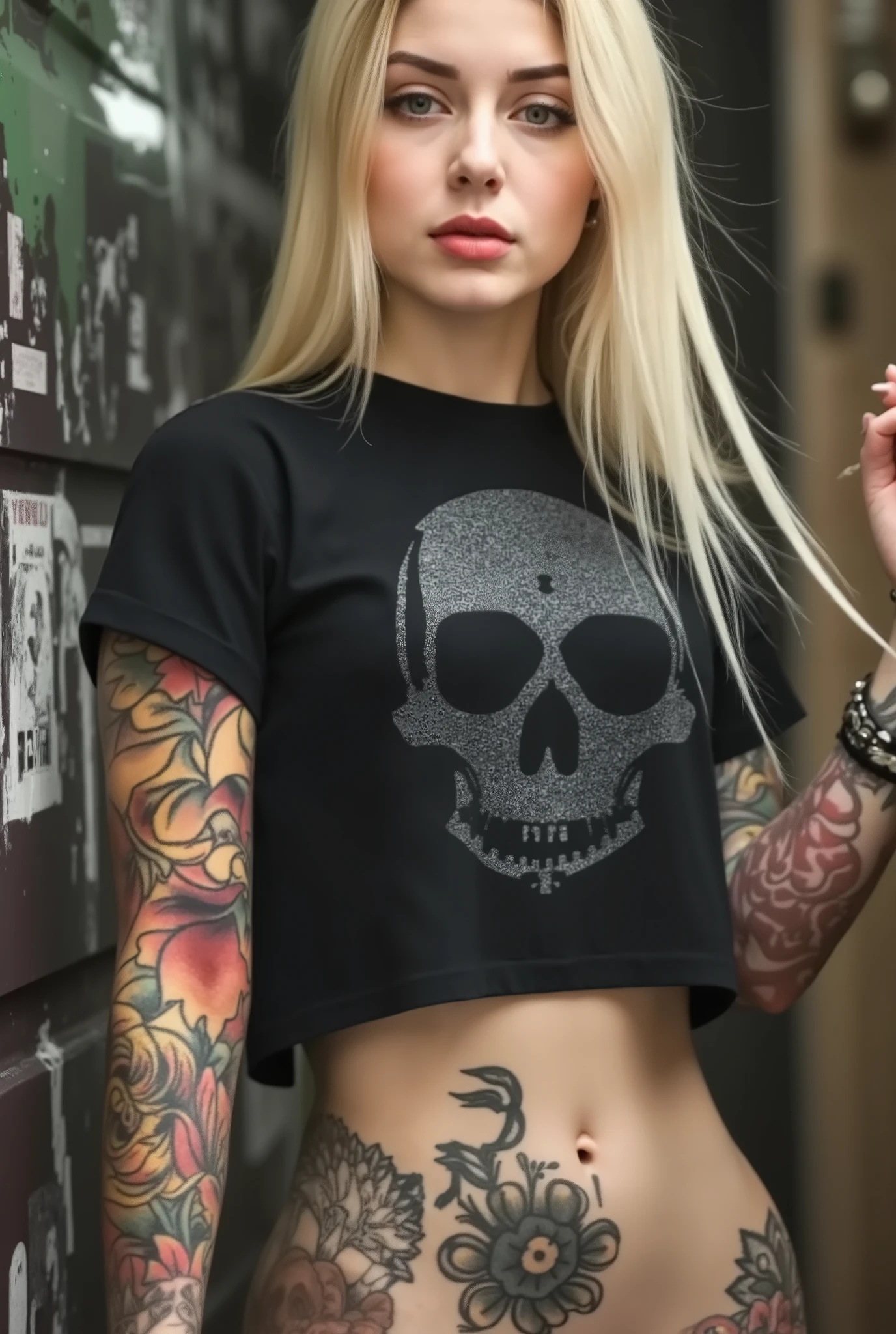 a hot Young girl with ((skull tattoos)) wearing a black cropped tshir, hot body, sexy. Abandoneted wall with grafitti art background. Cinematic lighting.