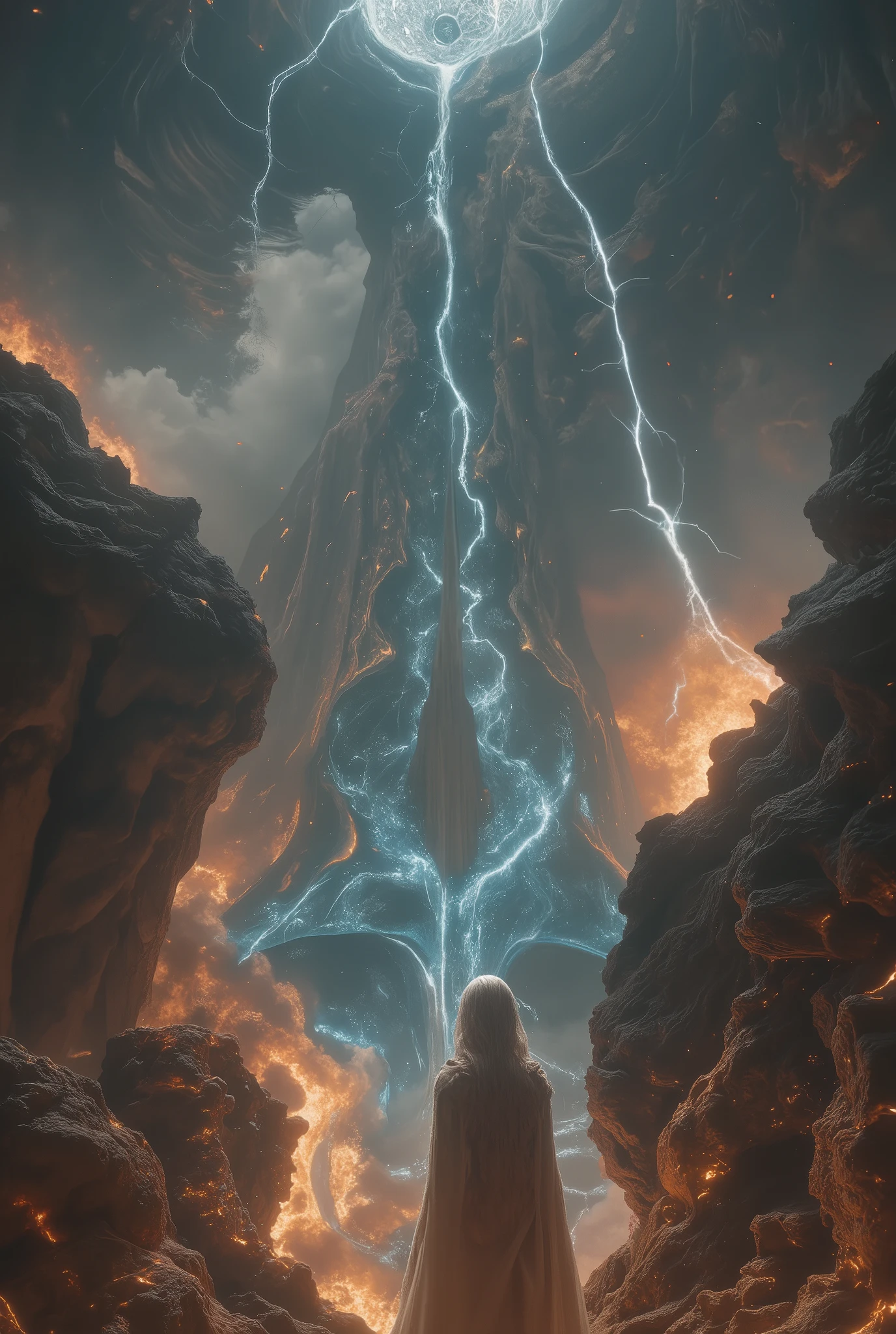 , (8k, top quality, Masterpiece , Final Fantasy Style: 1.2), ( realistic , photo realistic : 1.37), super detailed, ,Dreamy,A surreal mixed fantasy world,Combination of realistic and fantastical elements , magical effects , The Battle Between Good and Evil, ( Swirling Fire:1),universe, ((( cracks in space due to magic emitted by witches, Cracked Sky, space breaks like glass , Space Distortion , Darkness springs from Crack ))), thunder, eruption, Magic Rim , Complex Patterns , The witch who flew down from Crack