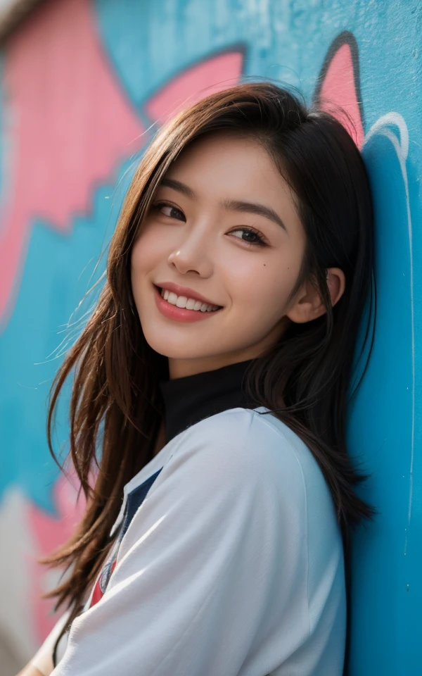 (Realistic: 1.4), (highest quality: 1.4), (fine grain), Full Body Shot, ((Blue sky)), ((One Young Woman)), Black wavy hair, ((suit)), Big eyes, Blushed, ((smile)), Highly detailed face and skin texture, Healthy Skin, 8K resolution