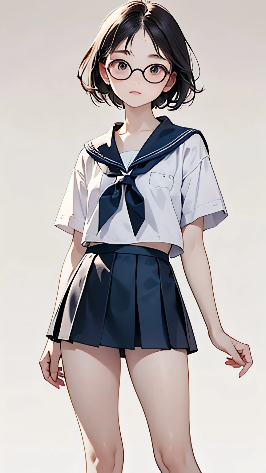 1girl, short hair,(school uniform),(((skirt lift with both hand))), ((sexy panty)), ((show off panty)), bare thigh, bottomless, (no background:1.5),