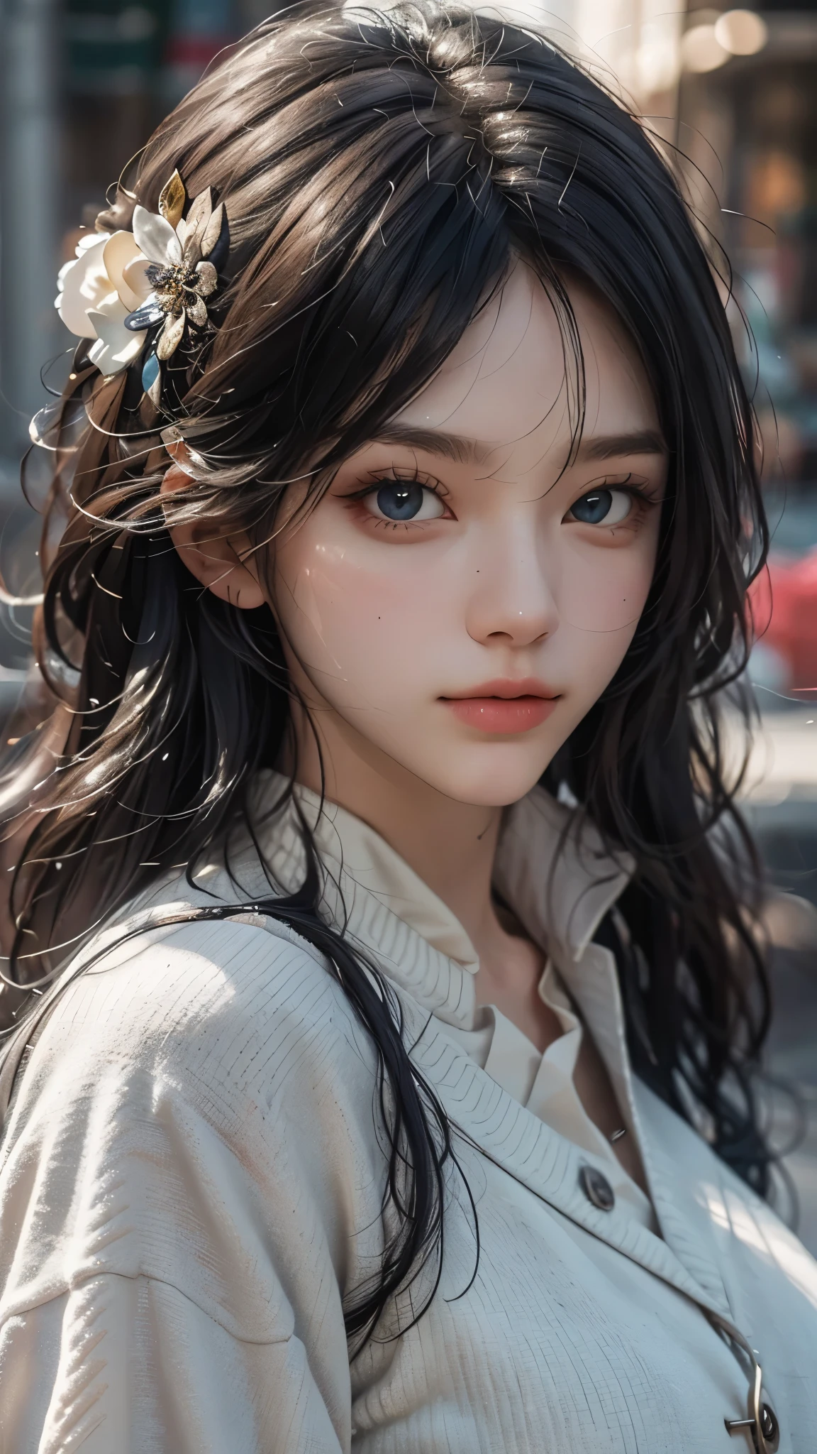 (Ultrareal), (High Definition), (8K), (Very Detailed),, (Beautiful Detailed Eyes), (Best Quality), (Ultra Detailed), (Masterpiece), (Wallpaper), (Detailed Face), Solo, One Girl, Wavy Hair, Japan People, White Shirt