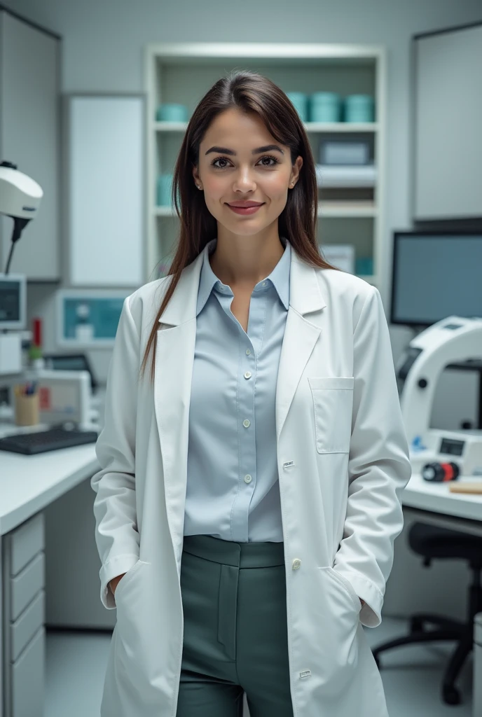 masterpiece, best quality, 5. ((best quality)), ((masterpiece)), ((realistic)), portrait of a young scientists in a lab, (compassionate expression and professionalism:1.2), [caring green eyes], [scrubs and lab equipment], (busy lab environment:1.3), [research setting], (highlighting the dedication to research:1.2), [occupational realism], (8k resolution:1.2), realistic red lipstick, long and brod lips, little smile, realistic skin textures, details of model,