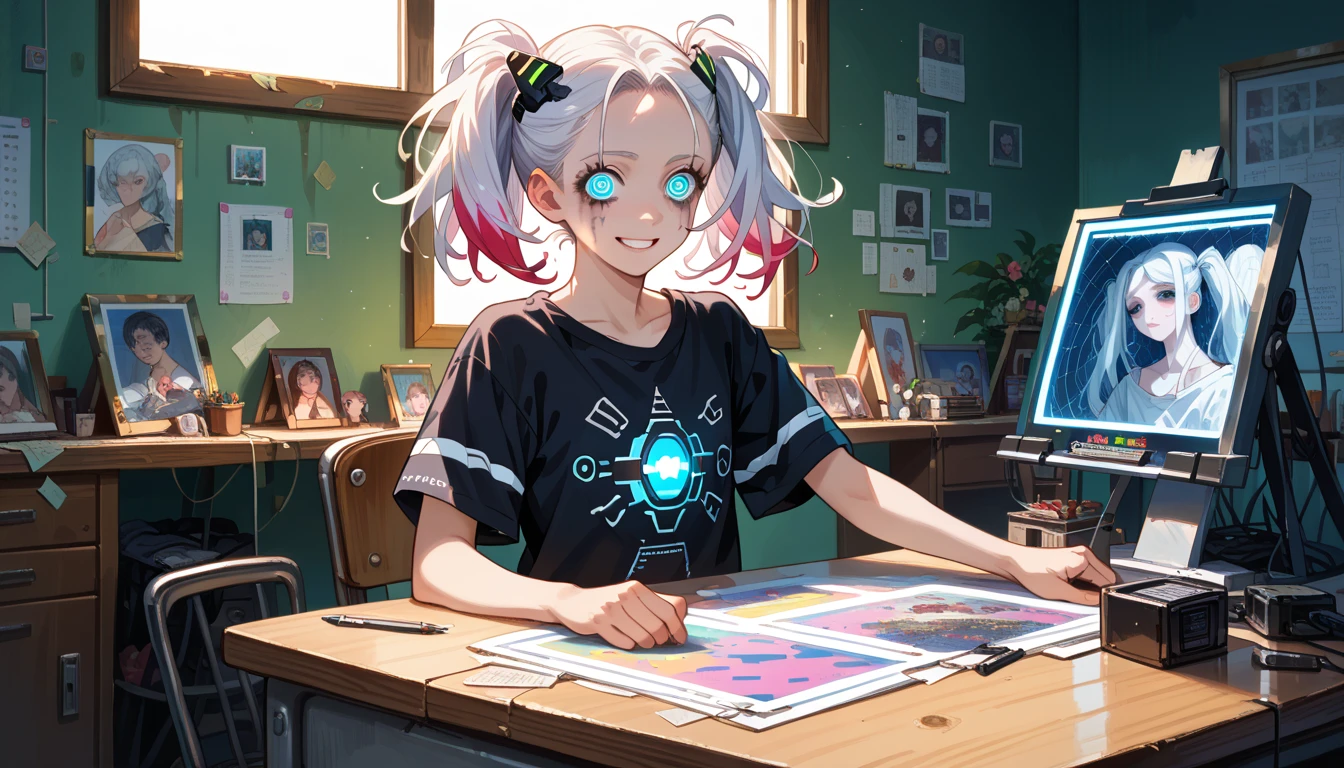 graffitti colourful face, sitting on computer, wearing sci-fi jacket, Surrealism, drop shadow, anaglyph, stereogram, pov, atmospheric perspective, super detail, ccurate, best quality