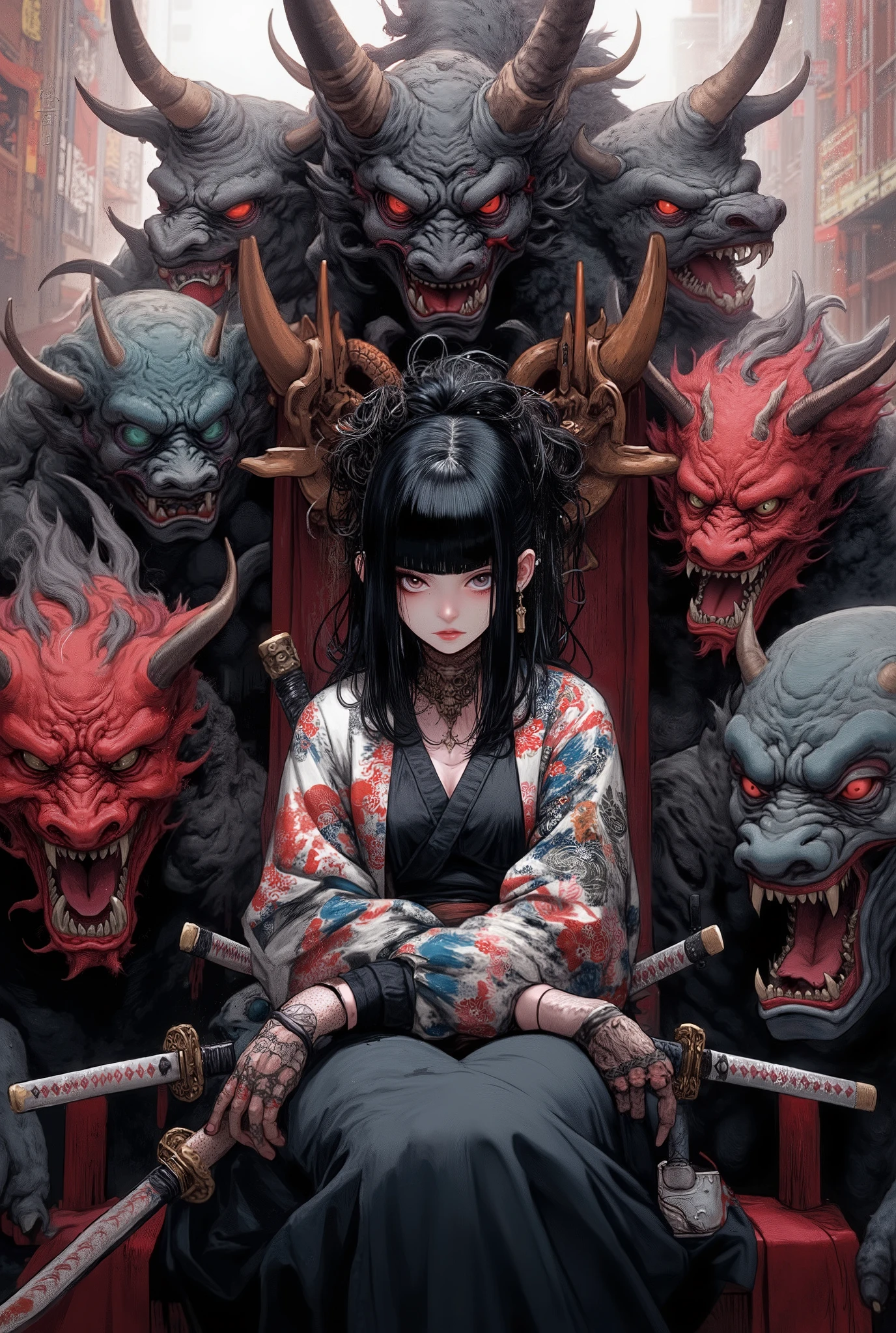 Oni, 1girl, weapon, sword, black hair, katana, blunt bangs, jacket, bangs, looking at viewer, sitting, sheath, grey eyes, medium hair, sheathed, skirt,The image shows a woman in a kimono sitting atop a throne, holding two swords in her hands. Behind her, there are several monsters, and in the background, there is a building. The image is animated, giving it a dynamic feel.