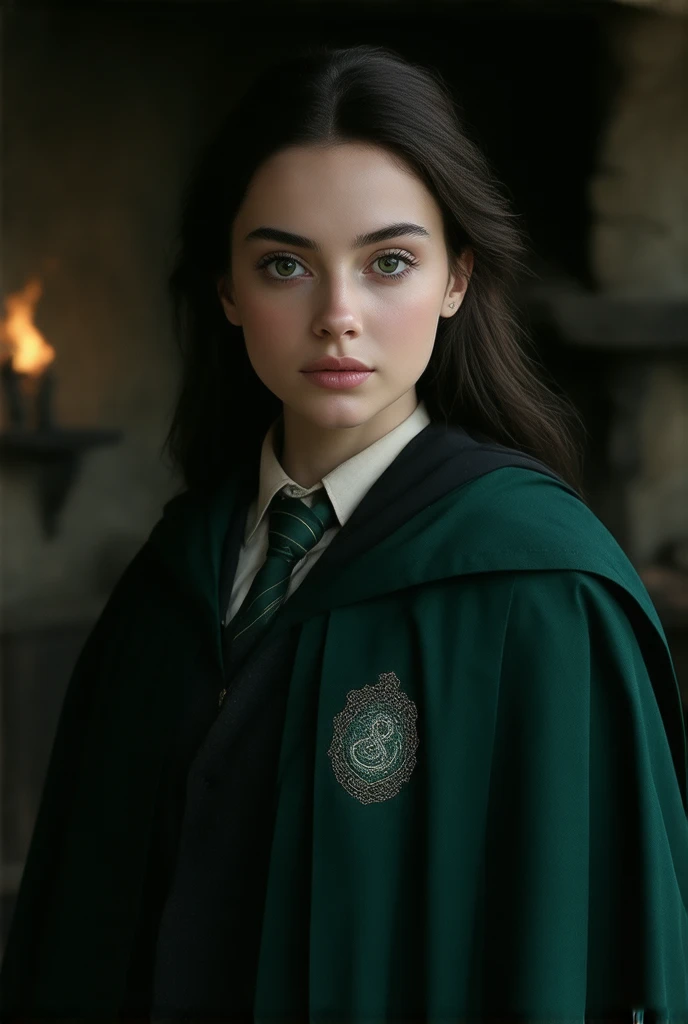 daughter of severus snape, in slytherin costume, student, linda, attractive, young, 17 years, something would be.