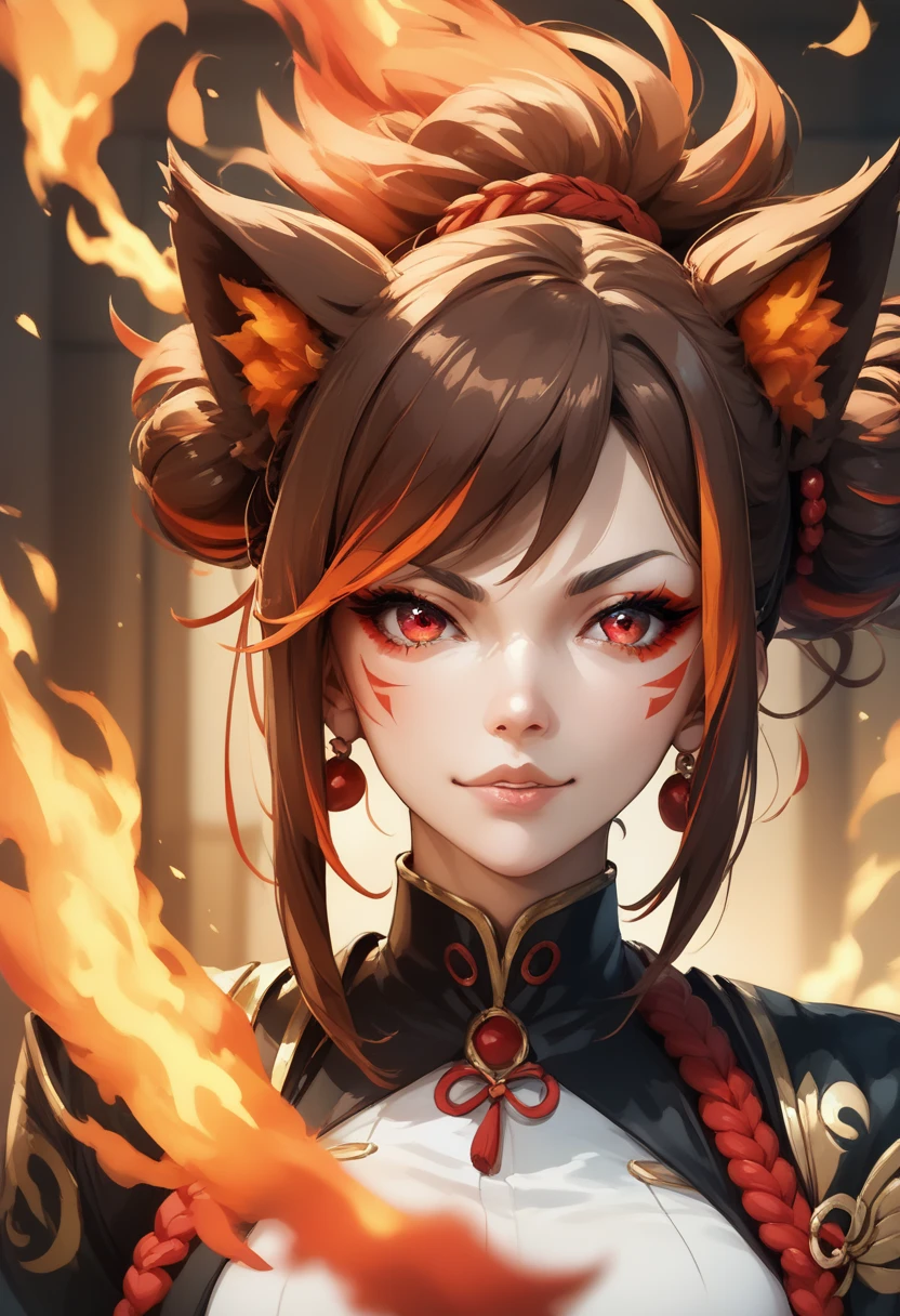 Ahri, ((((single person, single girl)))), perfect breasts, ((upperbody shot)), highly detailed face, well defined face details, detailed face lighting, (((chinese aesthetics))), (((chinese aesthetic background))), ((red flames)), ((((8k ultra HD)))), red theme color scheme, ((((high quality photo)))), ((((extremely detailed)))), (photo realistic:1.2)