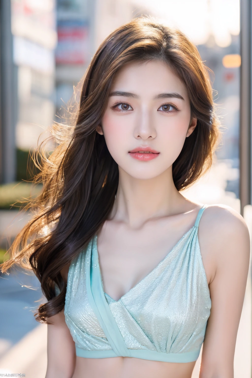 ((Best quality, 8K, masterpiece:1.3))，1girl，18 years old，Asian，Real texture:1.3，(Background blur:1.1)，Gorgeous long dress，Tall and slender figure:1.2，(Hot summer weather)，（street:1.3），Highly detailed face and skin textures，Exquisite eyes，Long eyelashes，Double eyelids，Skin Whitening，happy，Various postures，Big breasts