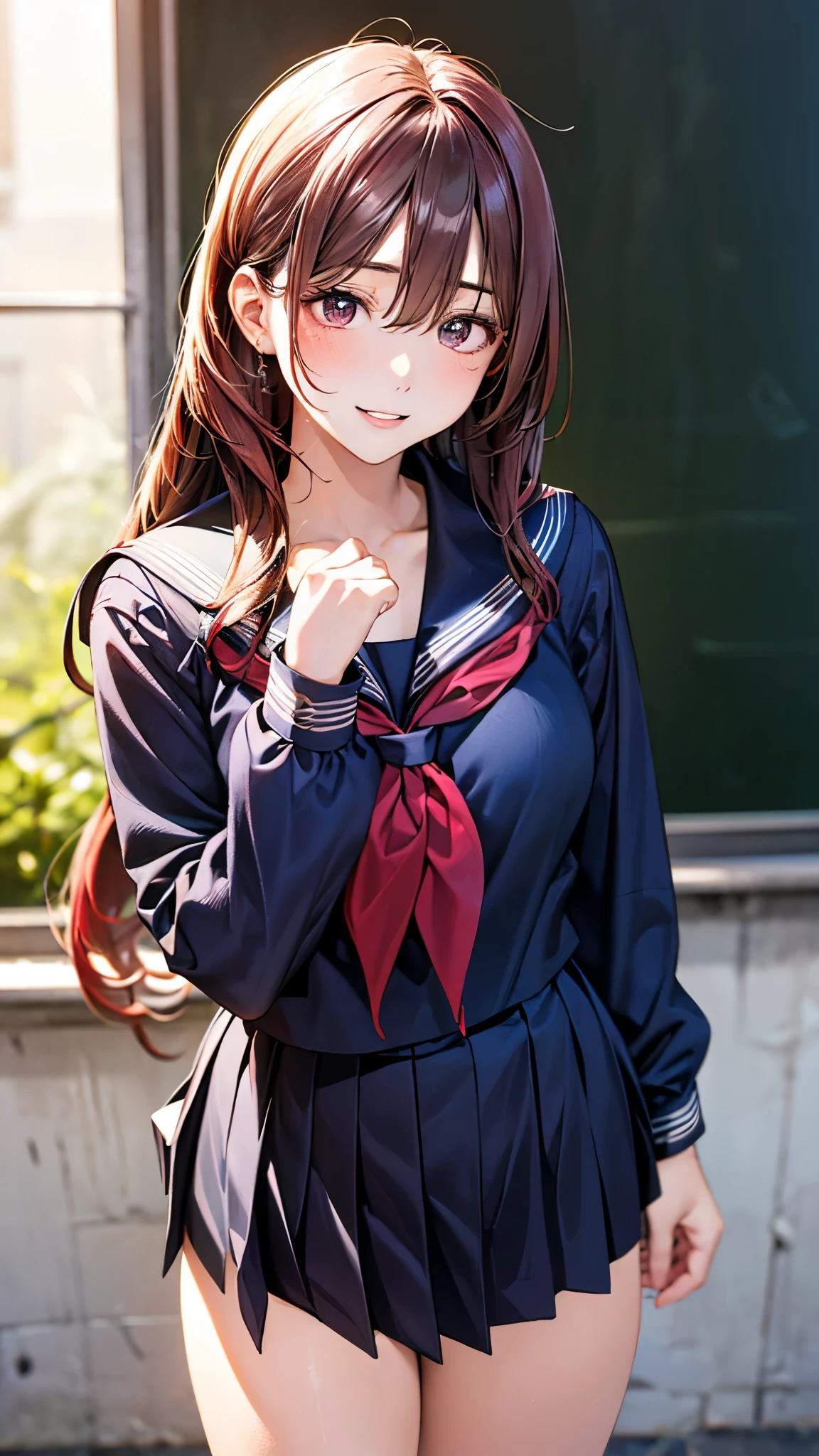 (masterpiece:1.3, top-quality, ultra high res, ultra detailed), (realistic, photorealistic:1.4), beautiful illustration, perfect lighting, natural lighting, colorful, depth of fields, 2024s, ,
beautiful detailed hair, beautiful detailed face, beautiful detailed eyes, (perfect anatomy, anatomically correct, super detailed skin), white skin, shiny skin,
looking at viewer, face focus, upper body, 1 girl girl, cute and symmetrical face, perfect face, perfect eyes, perfect body, babyface,e face:1.2, tiny,
(long hair, half updo, long sidelocks, burgundy hair), hair between eyes, brown eyes, big eyes, long eye lasher, (medium breasts, seductive thighs), slender,
(detailed cloth texture), break (red sailor scarf), break (winter clothes, long sleeves, black cute sailor suit:1.1, red lines, black sailor collar:1.1, black pleated skirt), break
(beautiful scenery), winter, evening, (school:1.4, blackboard), standing, (pose with movement), (lovely smile, upper eyes, parted lips),