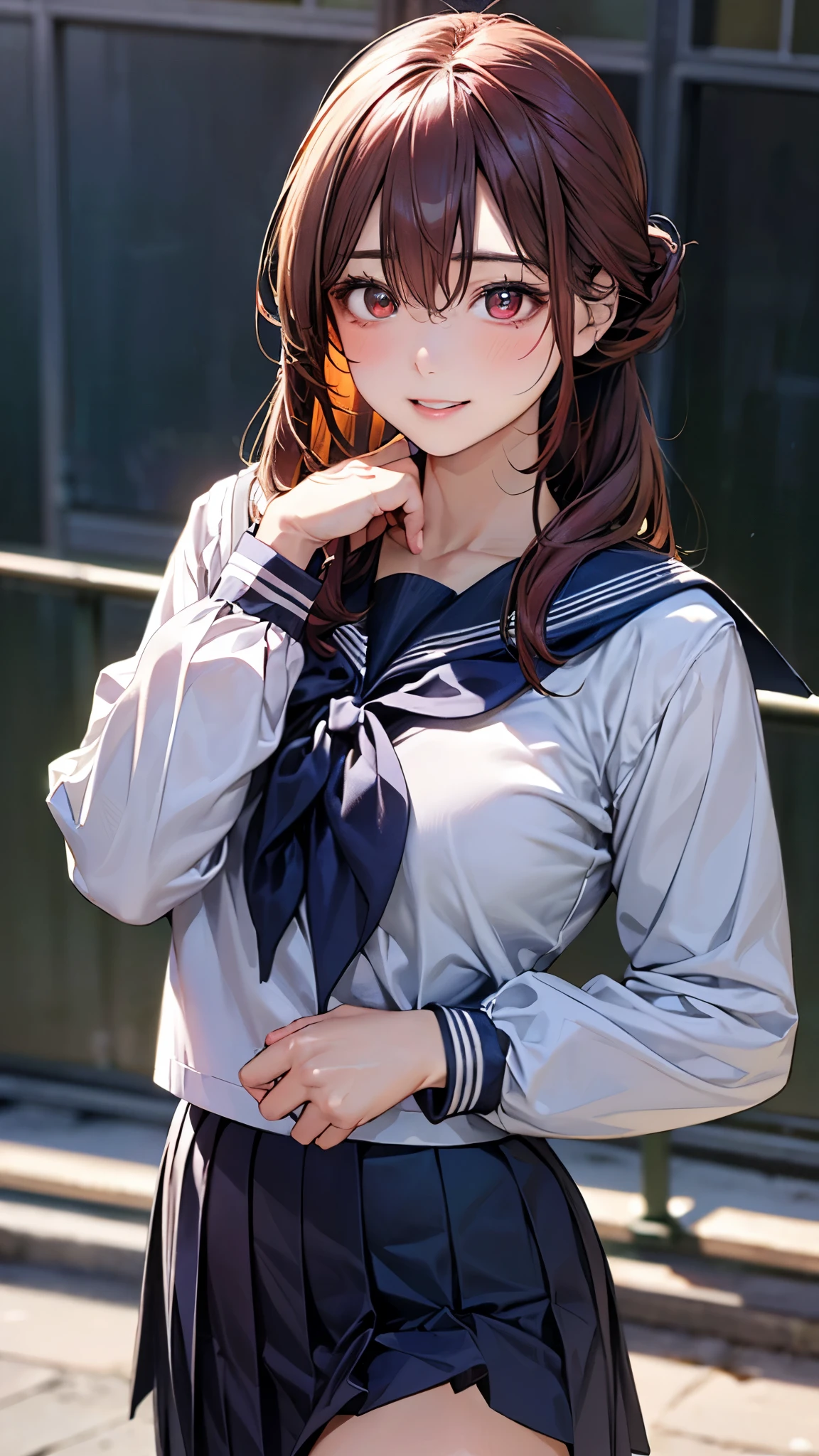 (masterpiece:1.3, top-quality, ultra high res, ultra detailed), (realistic, photorealistic:1.4), beautiful illustration, perfect lighting, natural lighting, colorful, depth of fields, 2024s, ,
beautiful detailed hair, beautiful detailed face, beautiful detailed eyes, (perfect anatomy, anatomically correct, super detailed skin), white skin, shiny skin,
looking at viewer, face focus, upper body, 1 girl girl, cute and symmetrical face, perfect face, perfect eyes, perfect body, babyface,e face:1.2, tiny,
(long hair, half updo, long sidelocks, burgundy hair), hair between eyes, brown eyes, big eyes, long eye lasher, (medium breasts, seductive thighs), slender,
(detailed cloth texture), break (red sailor scarf), break (winter clothes, long sleeves, black cute sailor suit:1.1, red lines, black sailor collar:1.1, black pleated skirt), break
(beautiful scenery), winter, evening, (school:1.4, blackboard), standing, (pose with movement), (lovely smile, upper eyes, parted lips),