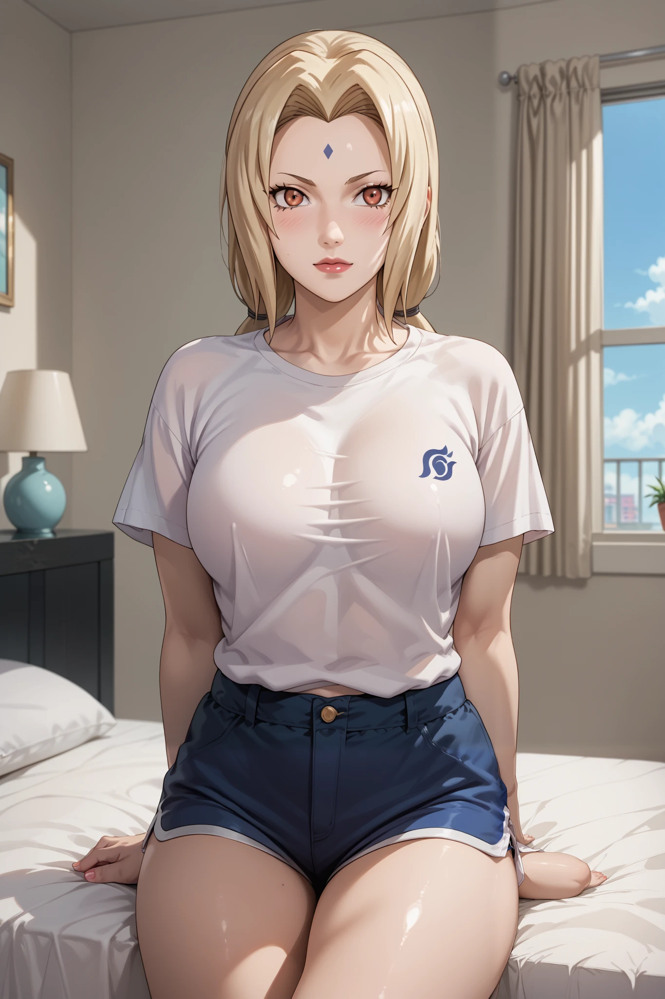 Masterpiece, extremely detailed,solo,1girl,tsunade,stand up ,thin lips,sexy propotional body,fullbody,slim perfect body,beauty anime face,very large breasts,white bright skin,blushes cheek,perfect eyes,((white t-shirt)),shorts,looking at viewers,arms behind back,bed rooms,sit on the bed,photograph,cowboy shot