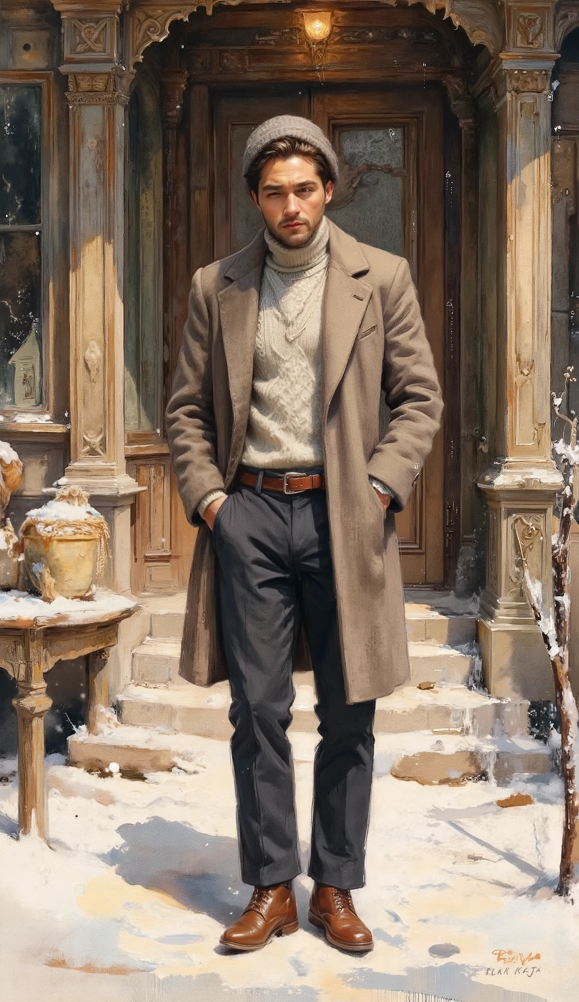 A highly detailed full-body fashion illustration of a young man standing confidently in a snowy village. He is dressed in a cozy turtleneck sweater in soft pastel gray with intricate cable knit patterns, tucked into tailored high-waisted trousers in deep navy. The outfit is paired with sturdy lace-up leather boots, a belted wool overcoat, and a chunky knit scarf. He accessorizes with leather gloves and a beanie with a subtle ribbed texture. The soft, golden lighting enhances the textures of the fabrics while highlighting his calm expression and the details of the snow-dusted environment.