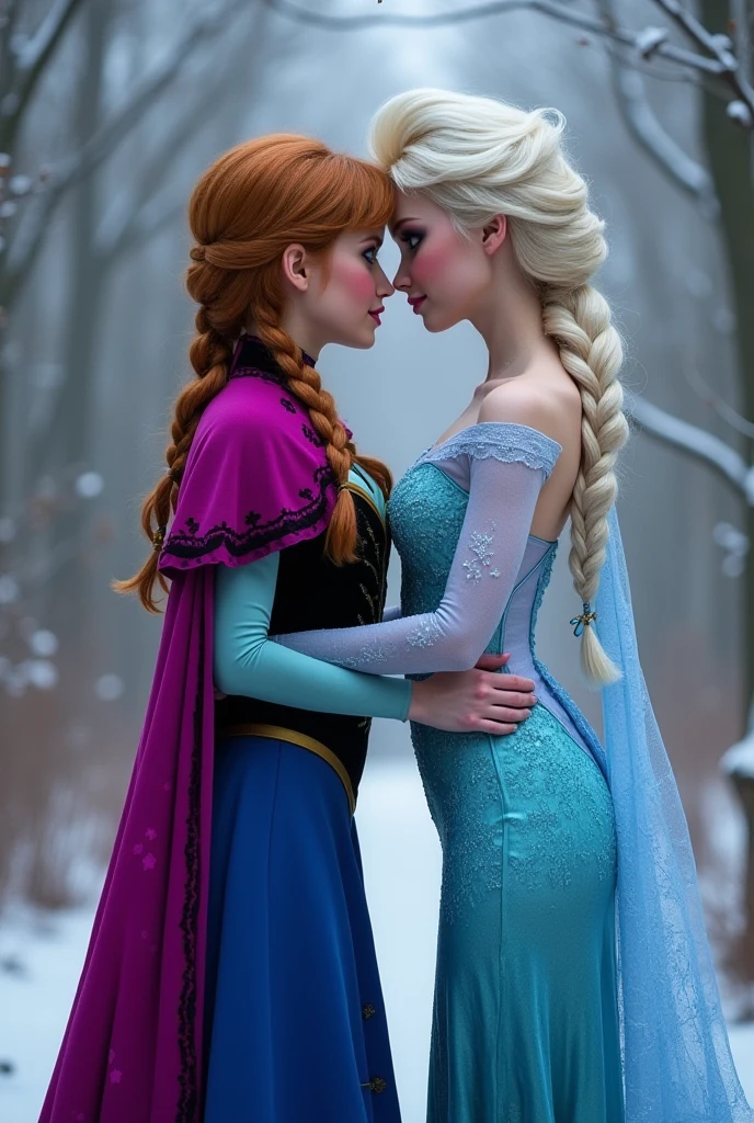 A stunning portrait of Anna holding Elsa, Elsa is pregnant, holding her belly, young and beautiful, hyper realistic, real portrait, backlit, exquisite features, cleavage, sexy, seductive, window, natural light, soft light, kissing, deep kissing, French kissing, romantic